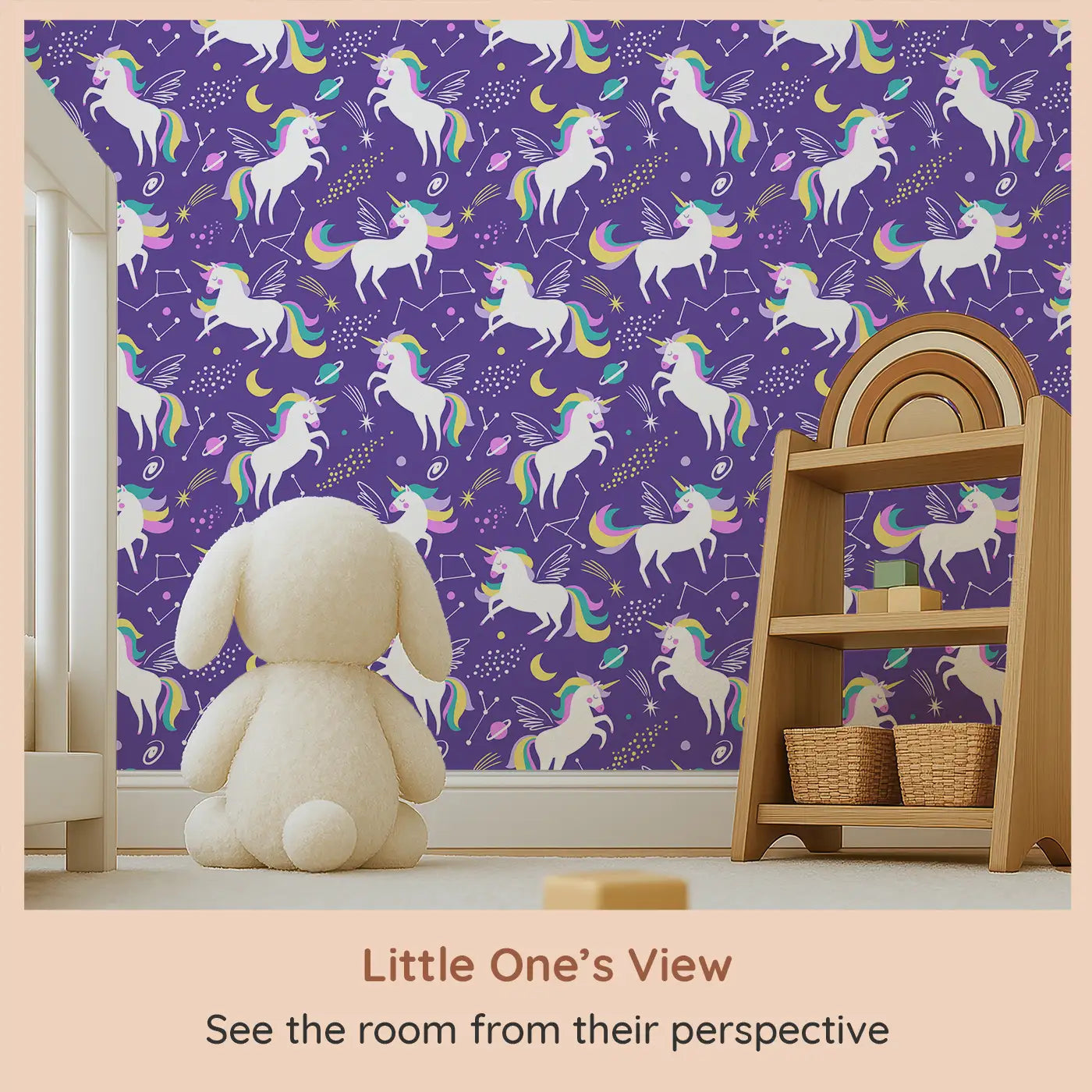 Whimsy Tots Cosmic Unicorn Dreams Wallpaper (W0493) from your child's view.Unicorns leap through stars in a magical cosmic dance.