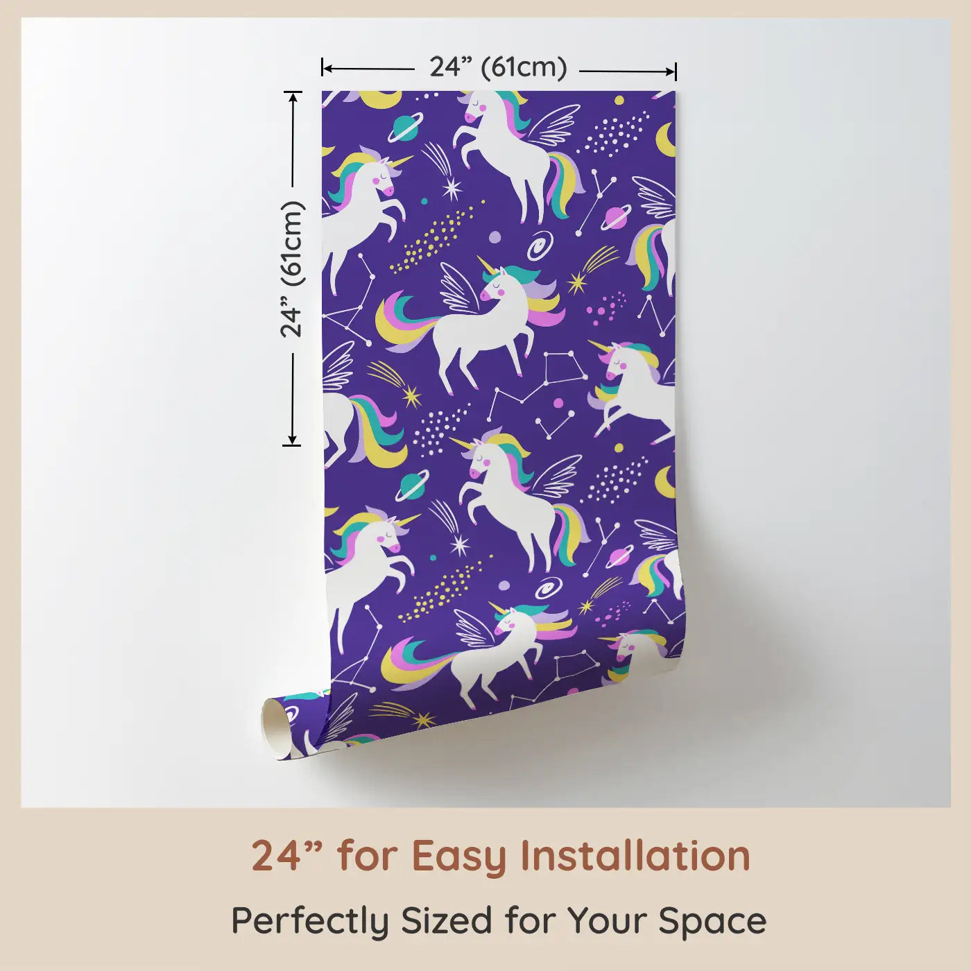 Dimension view of Whimsy Tots Cosmic Unicorn Dreams Wallpaper (W0493). Printed in 24-inch-wide panel for easy installation. Unicorns leap through stars in a magical cosmic dance.
