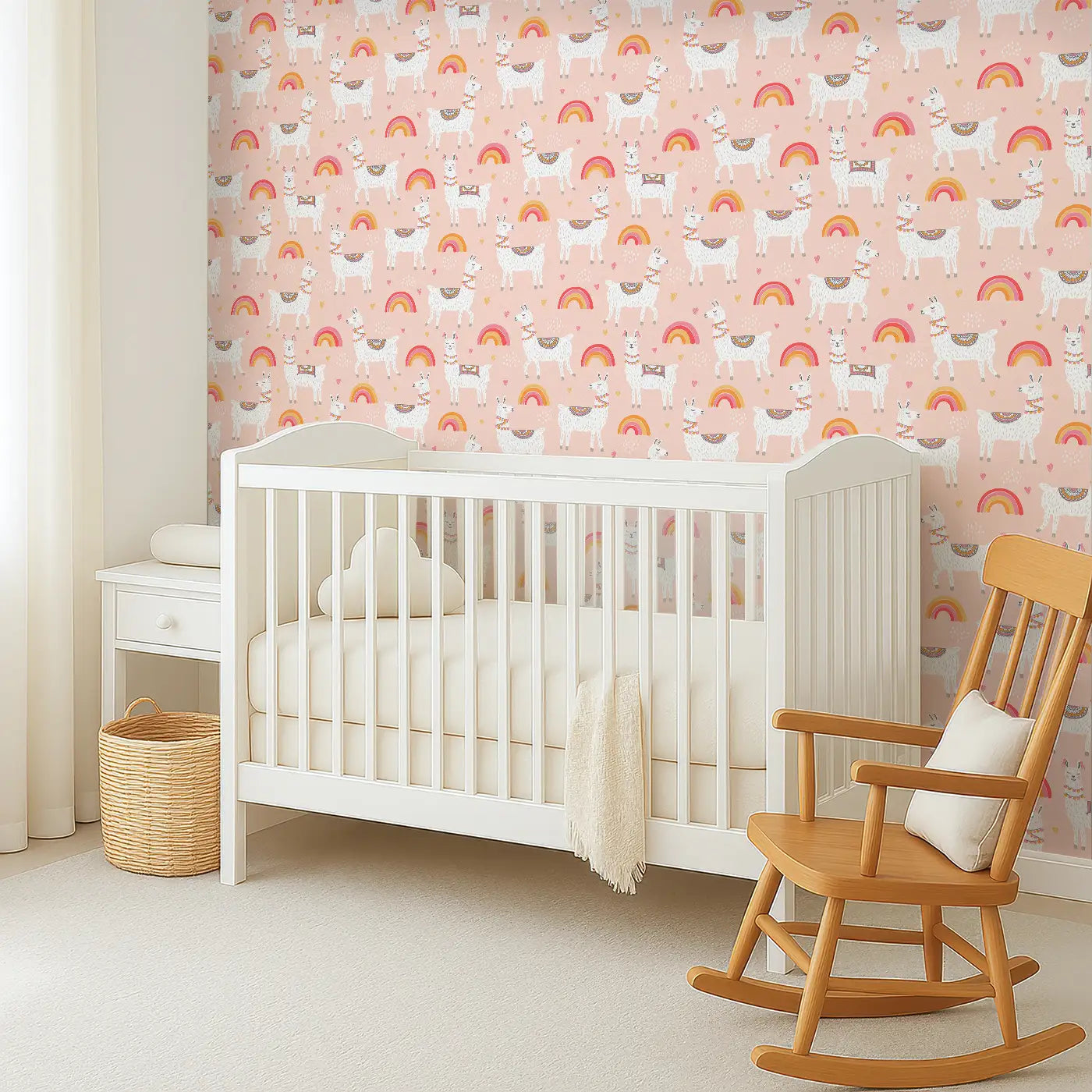 Angled view of Whimsy Tots' Llama Love Wallpaper (W0508).Cheerful llamas and pastel rainbows bring warm hugs and happy vibes.