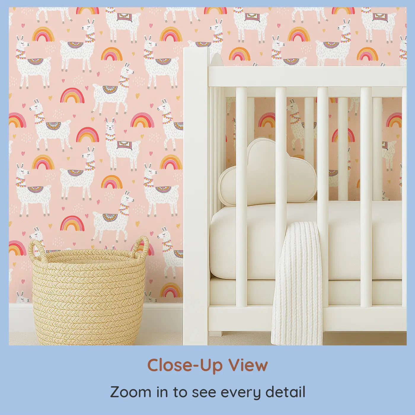 Close-up view of Whimsy Tots' Llama Love Wallpaper (W0508).Cheerful llamas and pastel rainbows bring warm hugs and happy vibes.