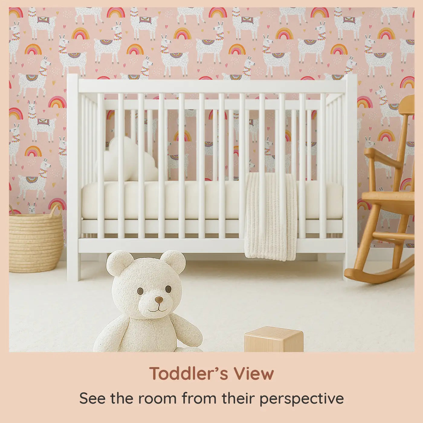 Whimsy Tots Llama Love Wallpaper (W0508) from your child's view.Cheerful llamas and pastel rainbows bring warm hugs and happy vibes.