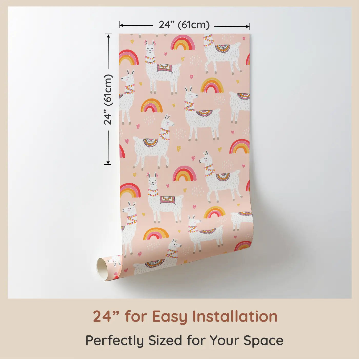 Dimension view of Whimsy Tots Llama Love Wallpaper (W0508). Printed in 24-inch-wide panel for easy installation. Cheerful llamas and pastel rainbows bring warm hugs and happy vibes.