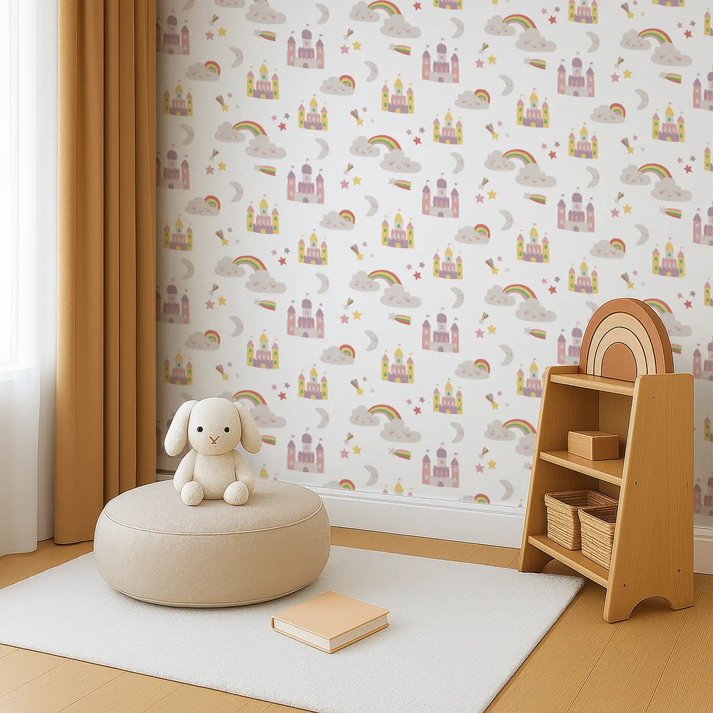 Angled view of Whimsy Tots' Dreamy Castle Wallpaper (W0521).A magical kingdom of castles, rainbows, and stars to spark their imagination.