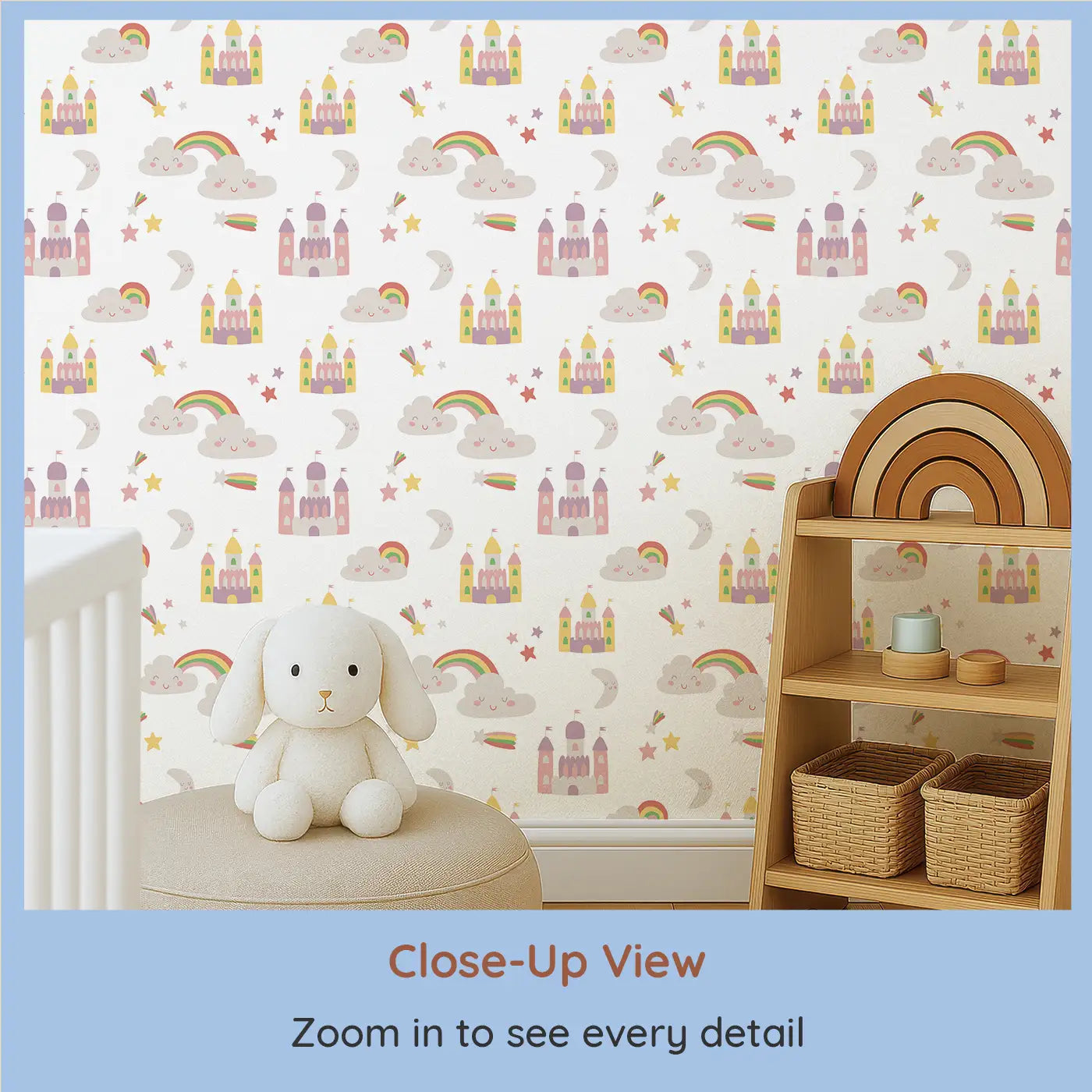 Close-up view of Whimsy Tots' Dreamy Castle Wallpaper (W0521).A magical kingdom of castles, rainbows, and stars to spark their imagination.