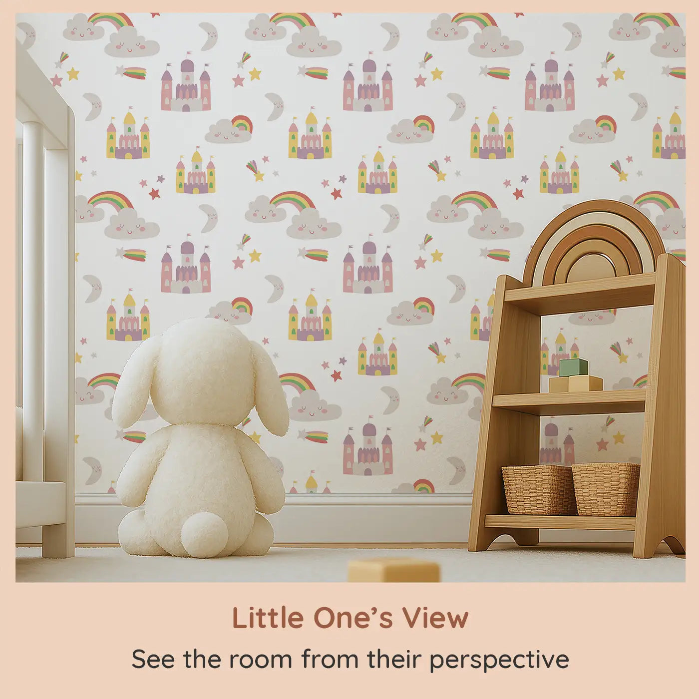 Whimsy Tots Dreamy Castle Wallpaper (W0521) from your child's view.A magical kingdom of castles, rainbows, and stars to spark their imagination.
