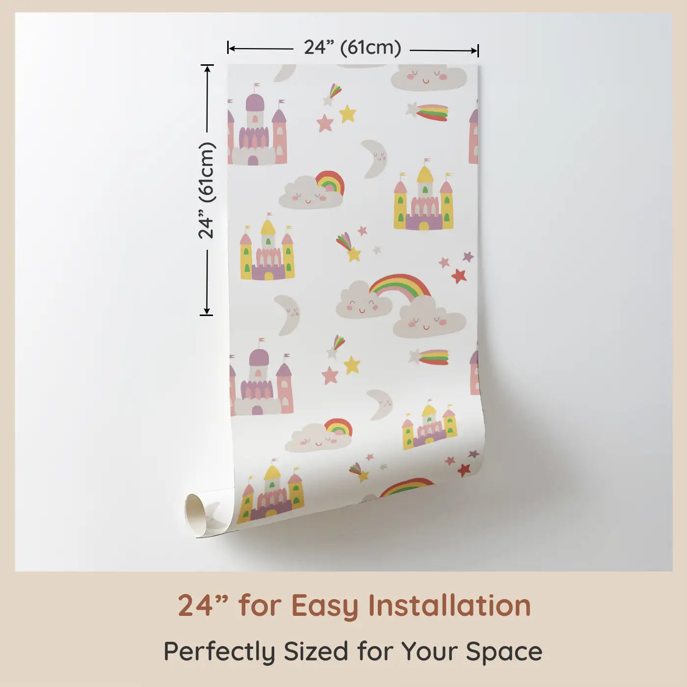 Dimension view of Whimsy Tots Dreamy Castle Wallpaper (W0521). Printed in 24-inch-wide panel for easy installation. A magical kingdom of castles, rainbows, and stars to spark their imagination.