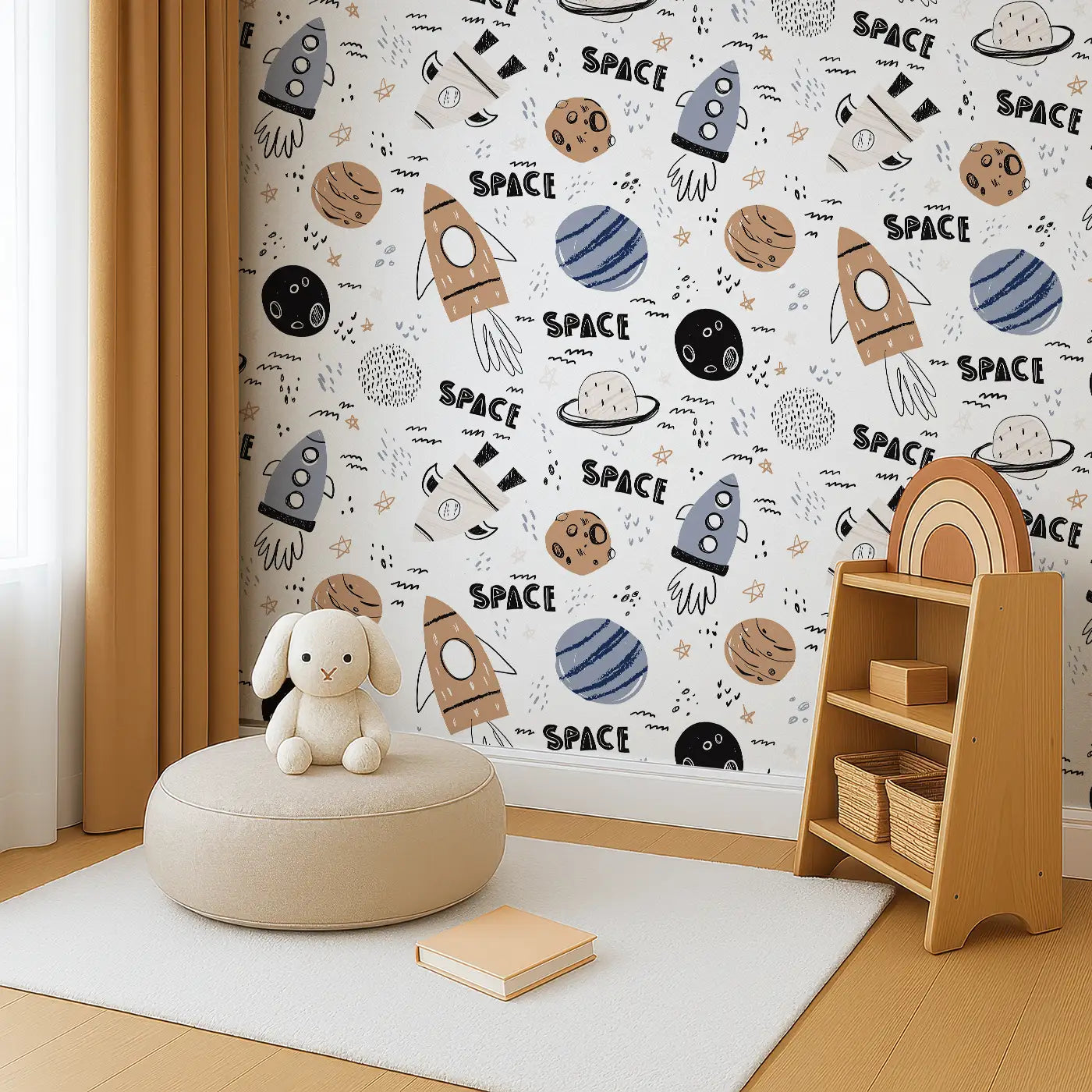 Angled view of Whimsy Tots' Sketchbook Galaxy Wallpaper (W0522).A vibrant journey through the stars and planets for future explorers.