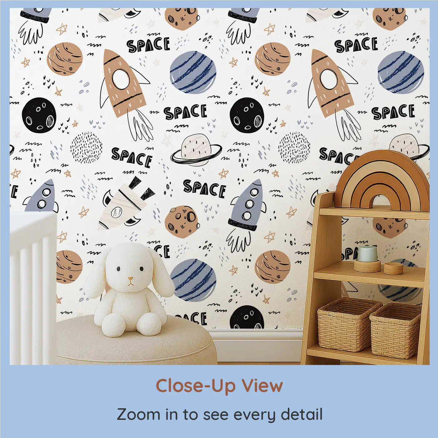Close-up view of Whimsy Tots' Sketchbook Galaxy Wallpaper (W0522).A vibrant journey through the stars and planets for future explorers.