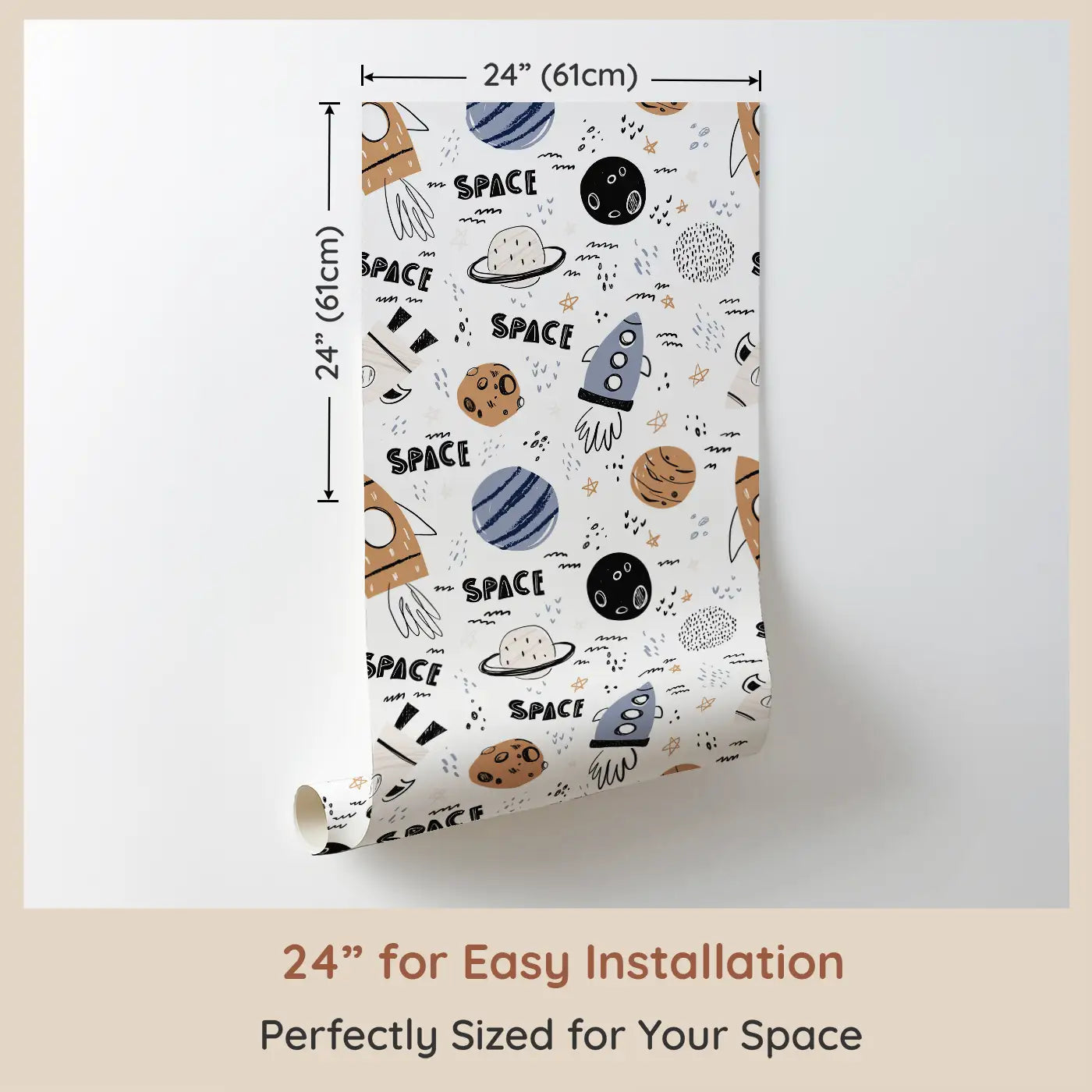 Dimension view of Whimsy Tots Sketchbook Galaxy Wallpaper (W0522). Printed in 24-inch-wide panel for easy installation. A vibrant journey through the stars and planets for future explorers.
