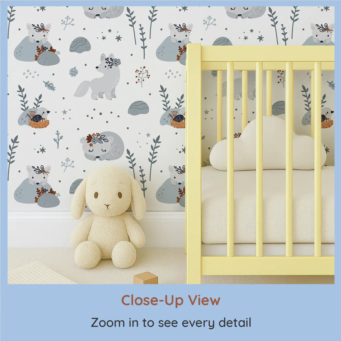 Close-up view of Whimsy Tots' Dreamy Arctic Fox Wallpaper (W0529).A serene, snowy world with a peaceful arctic fox.