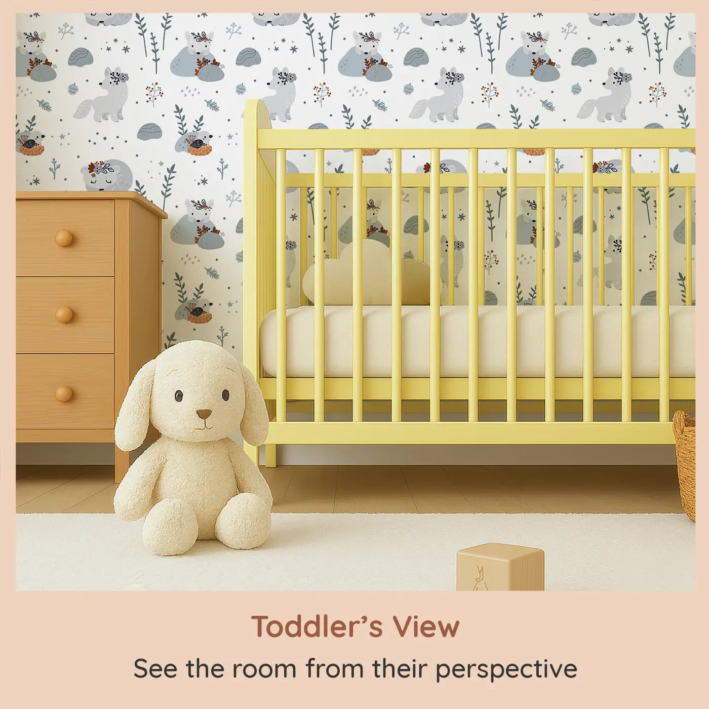 Whimsy Tots Dreamy Arctic Fox Wallpaper (W0529) from your child's view.A serene, snowy world with a peaceful arctic fox.