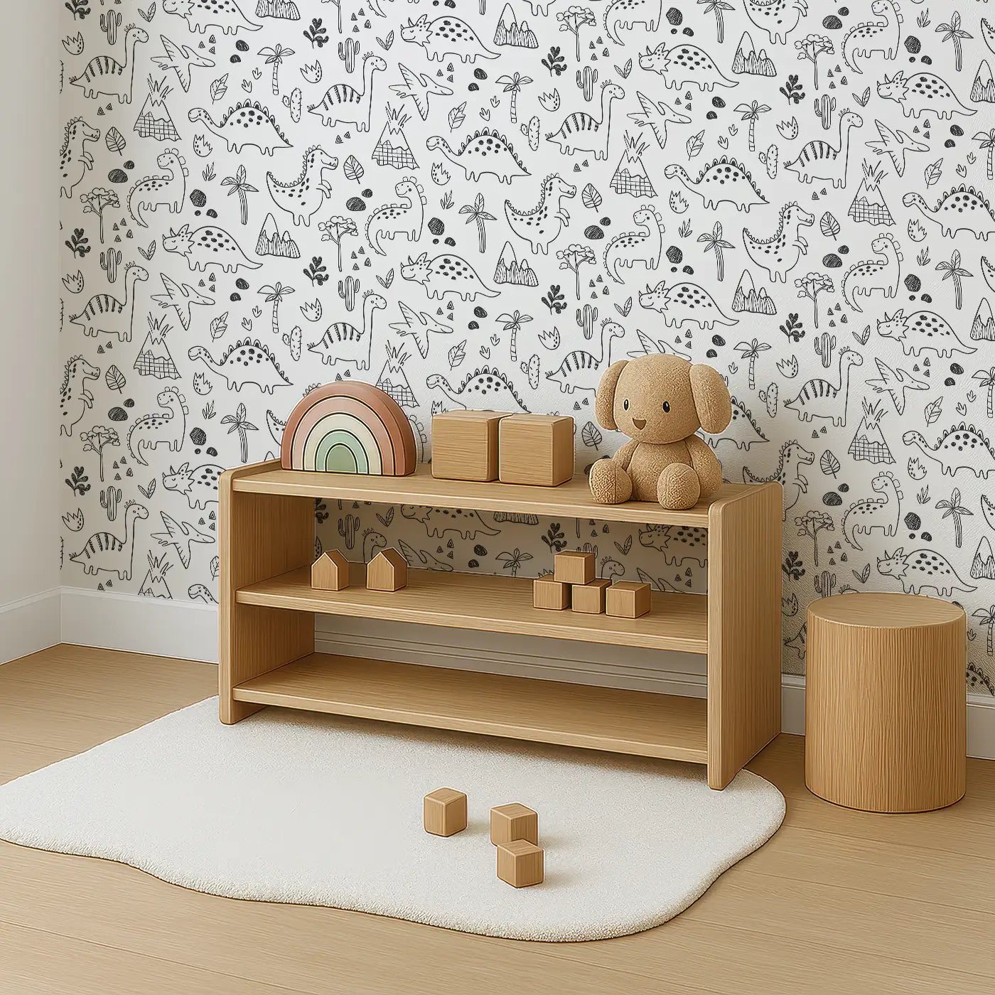 Angled view of Whimsy Tots' Doodle Dino Land Wallpaper (W0532).A playful land of doodled dinosaurs for endless fun.