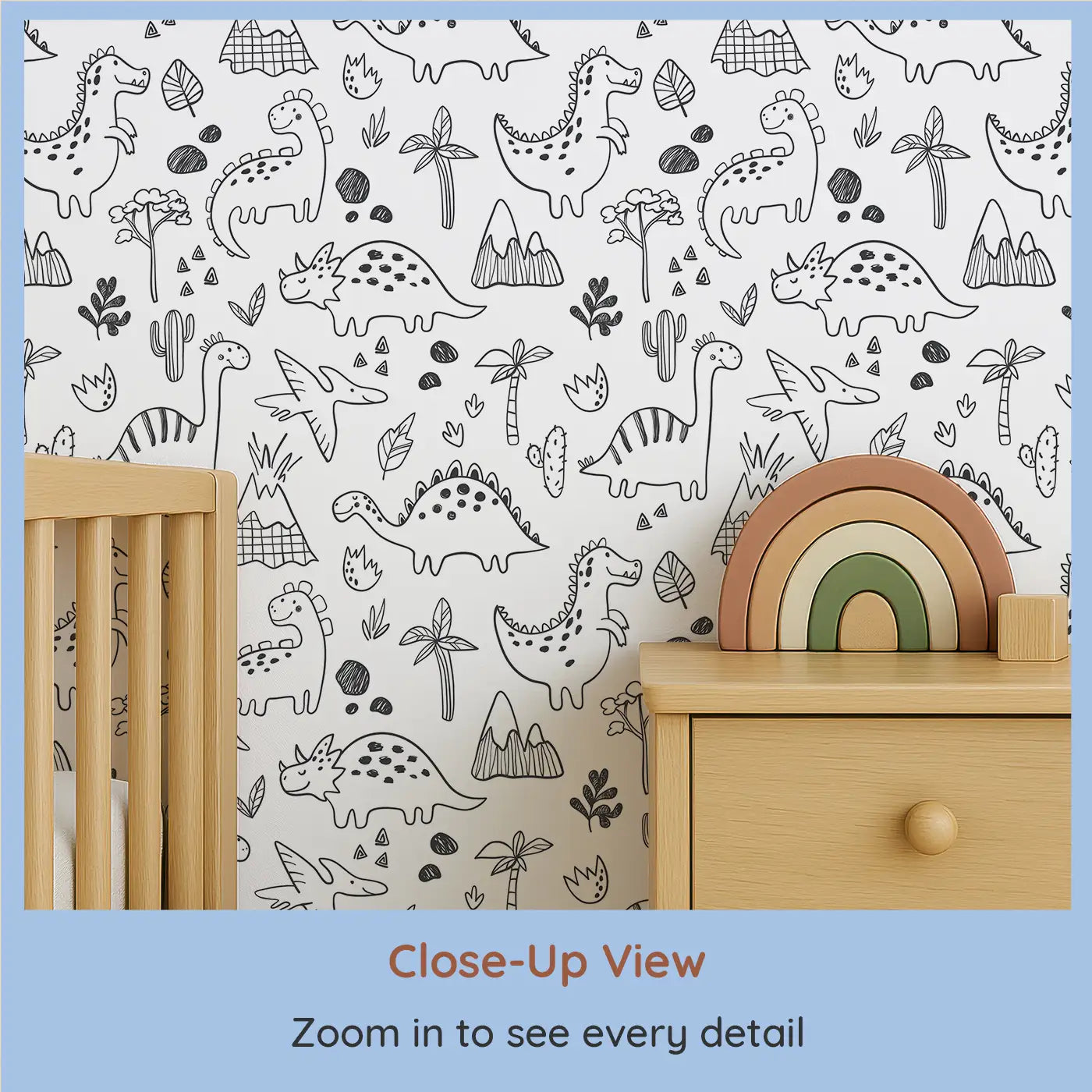 Close-up view of Whimsy Tots' Doodle Dino Land Wallpaper (W0532).A playful land of doodled dinosaurs for endless fun.