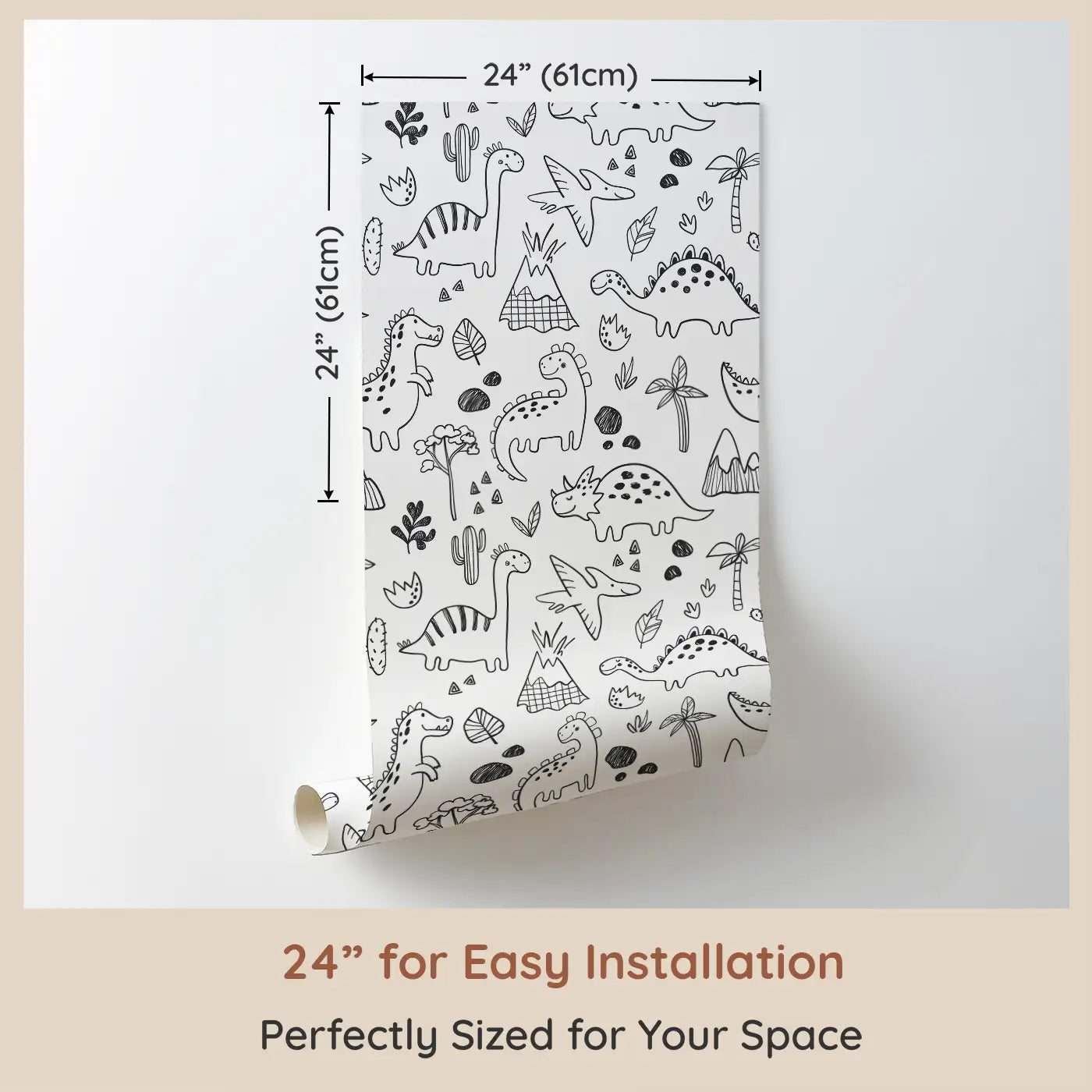 Dimension view of Whimsy Tots Doodle Dino Land Wallpaper (W0532). Printed in 24-inch-wide panel for easy installation. A playful land of doodled dinosaurs for endless fun.