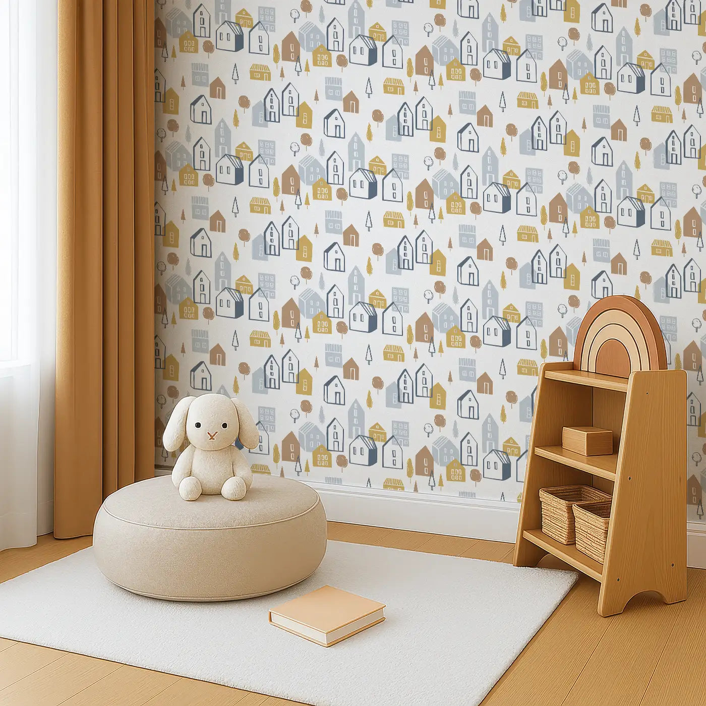 Angled view of Whimsy Tots' Cozy Village Wallpaper (W0534).Create a charming space filled with the cozy warmth of village life, where imagination and comfort blend.