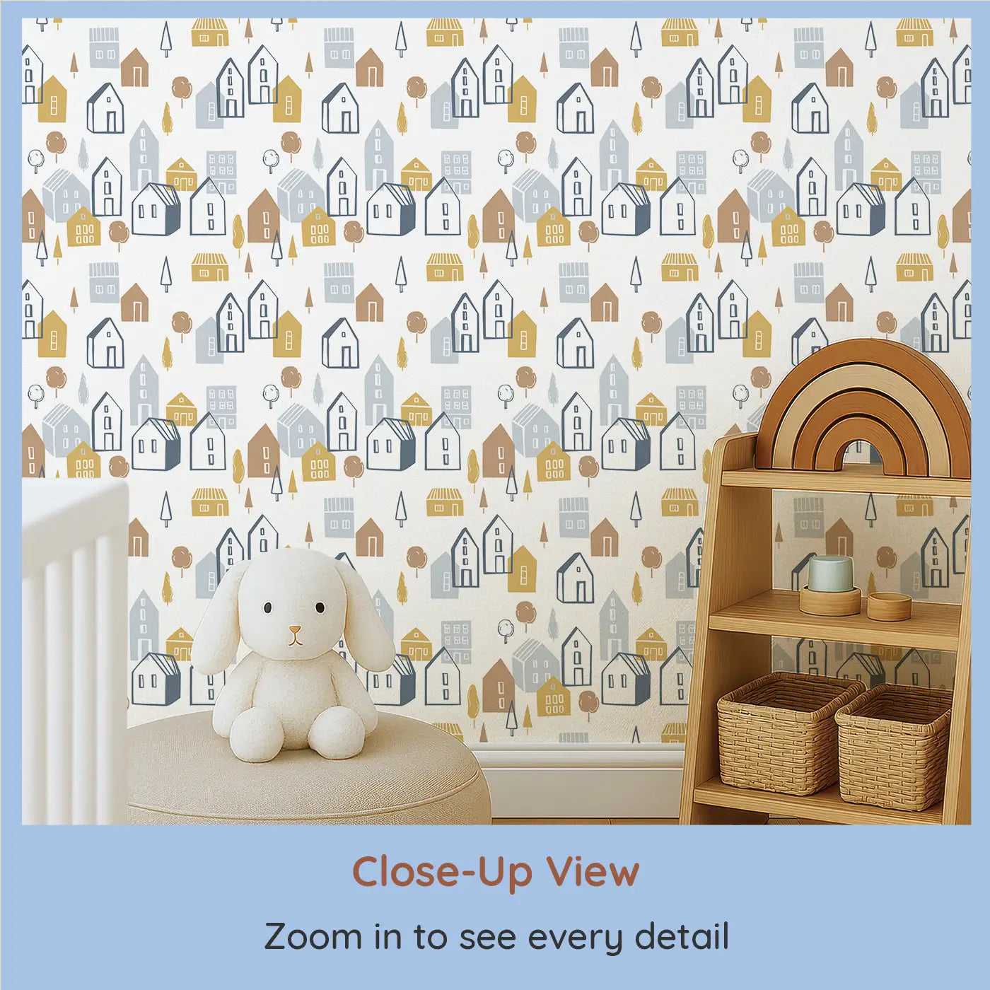 Close-up view of Whimsy Tots' Cozy Village Wallpaper (W0534).Create a charming space filled with the cozy warmth of village life, where imagination and comfort blend.