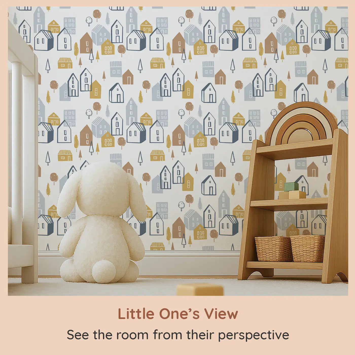 Whimsy Tots Cozy Village Wallpaper (W0534) from your child's view.Create a charming space filled with the cozy warmth of village life, where imagination and comfort blend.