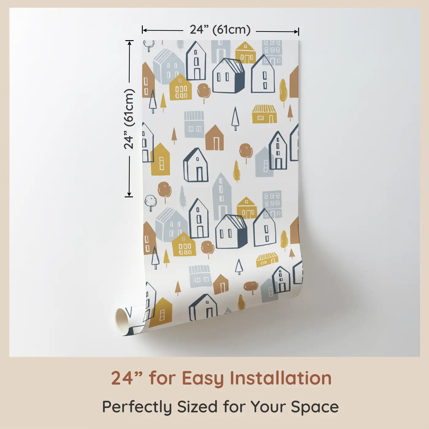 Dimension view of Whimsy Tots Cozy Village Wallpaper (W0534). Printed in 24-inch-wide panel for easy installation. Create a charming space filled with the cozy warmth of village life, where imagination and comfort blend.