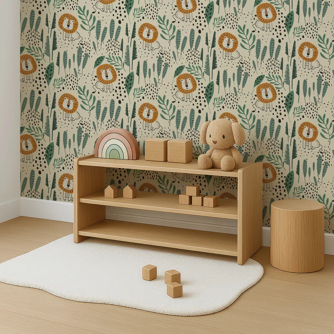 Angled view of Whimsy Tots' Safari King Wallpaper (W0535).Fill their space with the regal presence of the jungle’s fiercest king — the lion.