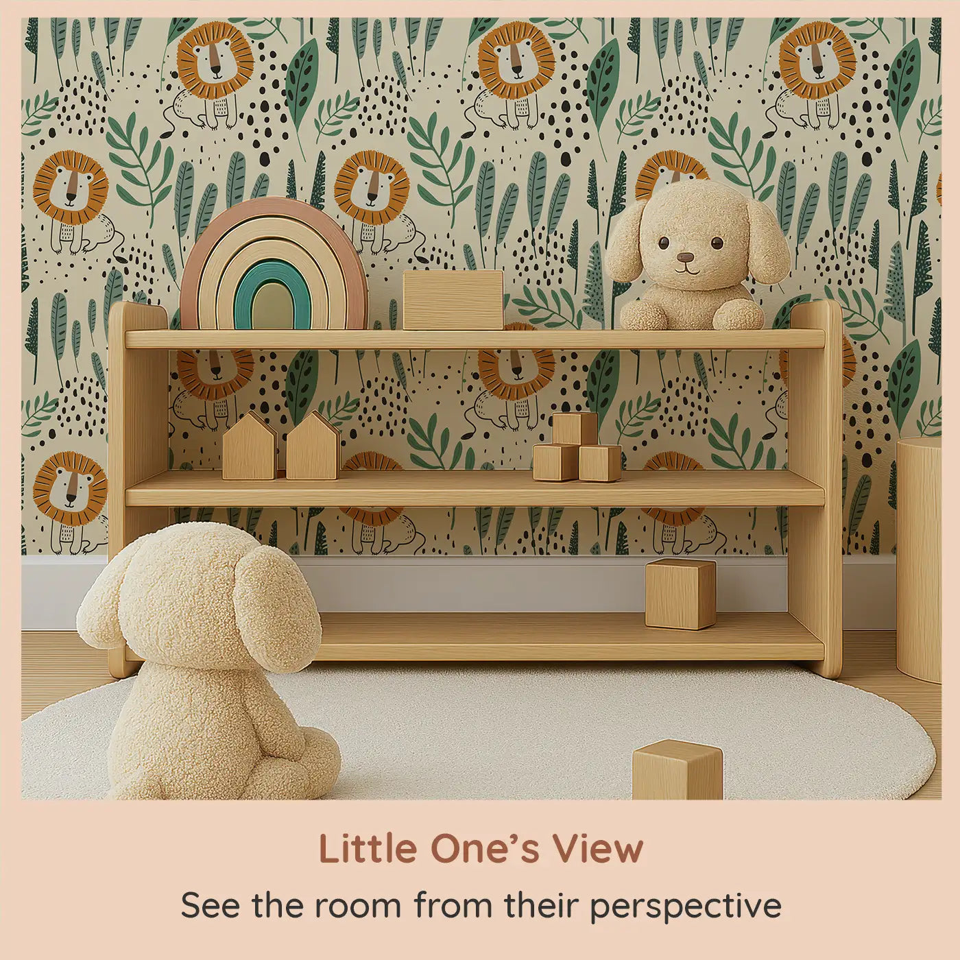 Whimsy Tots Safari King Wallpaper (W0535) from your child's view.Fill their space with the regal presence of the jungle’s fiercest king — the lion.