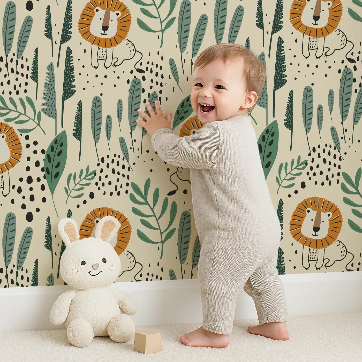 Child in front of Whimsy Tots Safari King Wallpaper with lion, jungle, safari, animal, king, greenery, adventure in design.