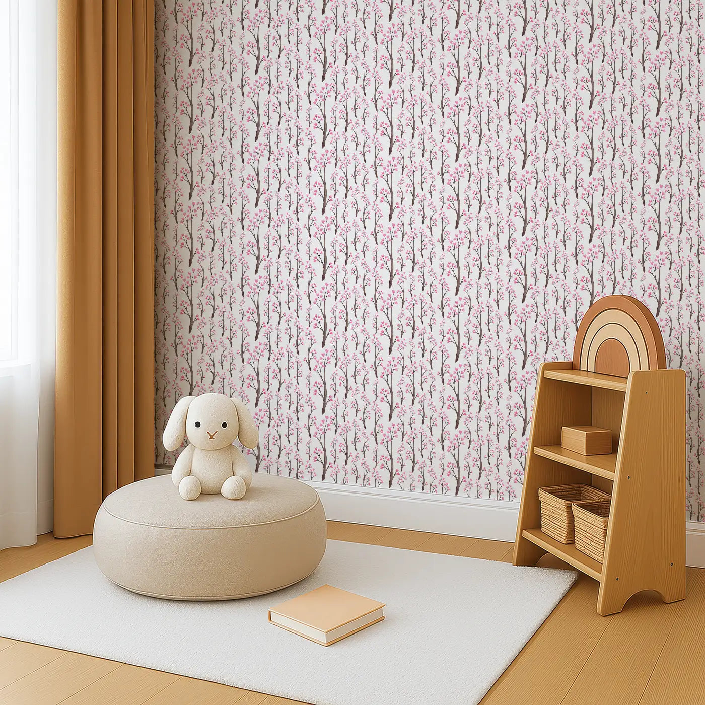 Angled view of Whimsy Tots' Blushing Blossom Wallpaper (W0536).Bring the soft beauty of spring blossoms and delicate flowers into their room.