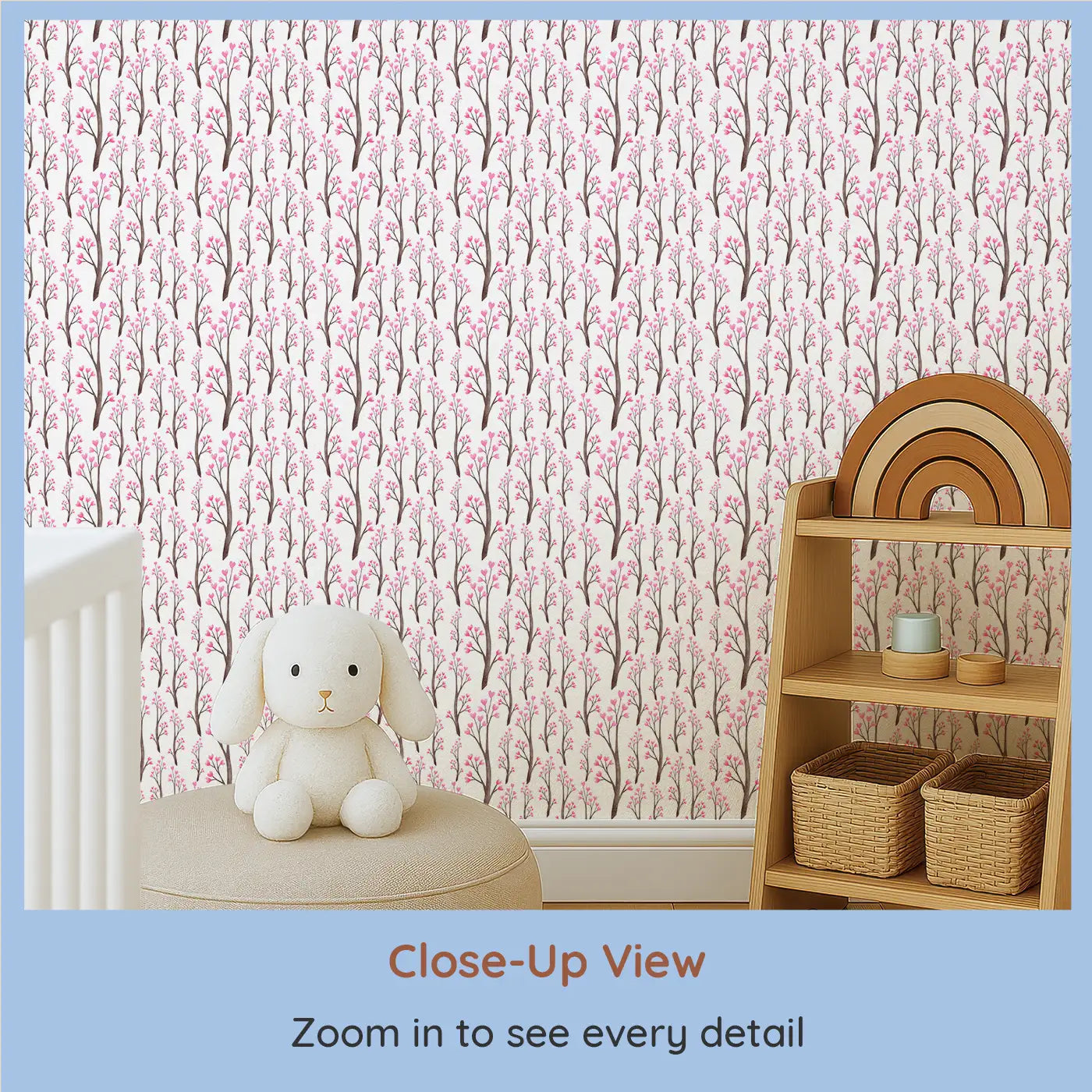 Close-up view of Whimsy Tots' Blushing Blossom Wallpaper (W0536).Bring the soft beauty of spring blossoms and delicate flowers into their room.