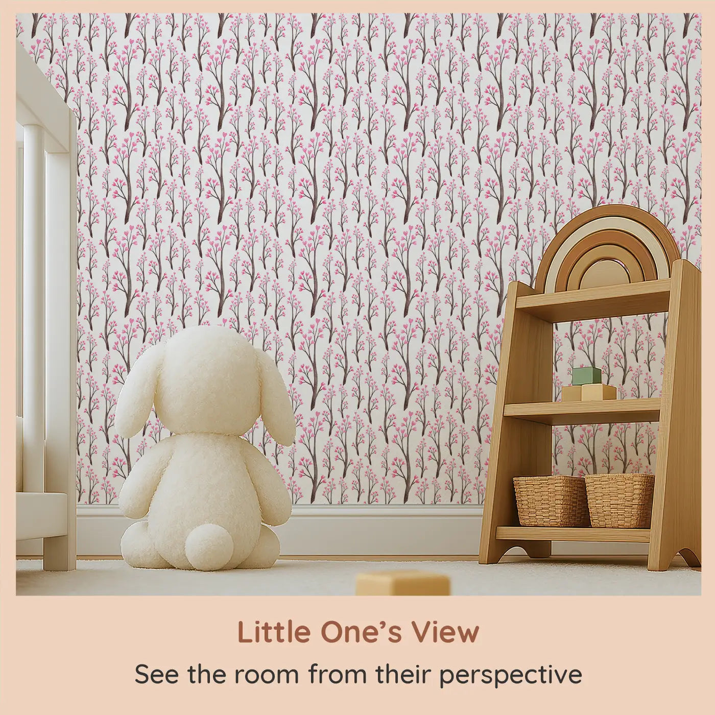 Whimsy Tots Blushing Blossom Wallpaper (W0536) from your child's view.Bring the soft beauty of spring blossoms and delicate flowers into their room.