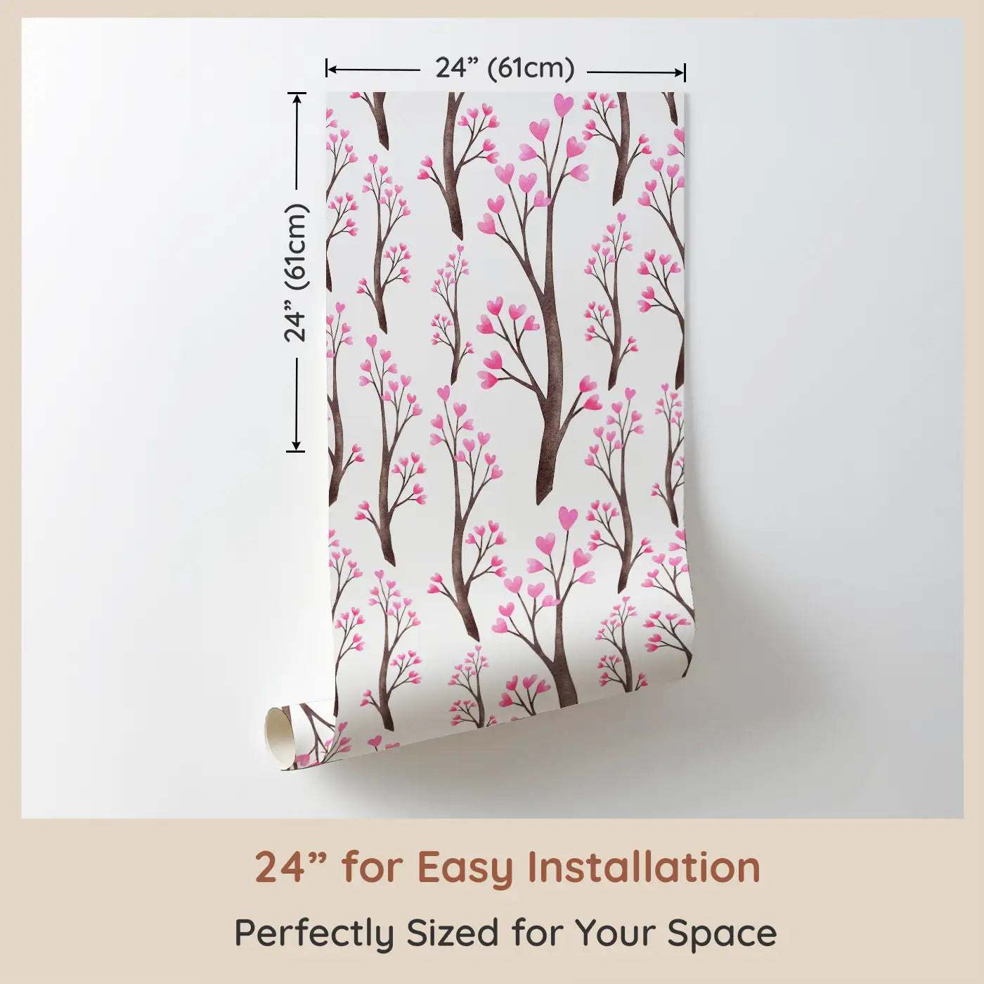 Dimension view of Whimsy Tots Blushing Blossom Wallpaper (W0536). Printed in 24-inch-wide panel for easy installation. Bring the soft beauty of spring blossoms and delicate flowers into their room.
