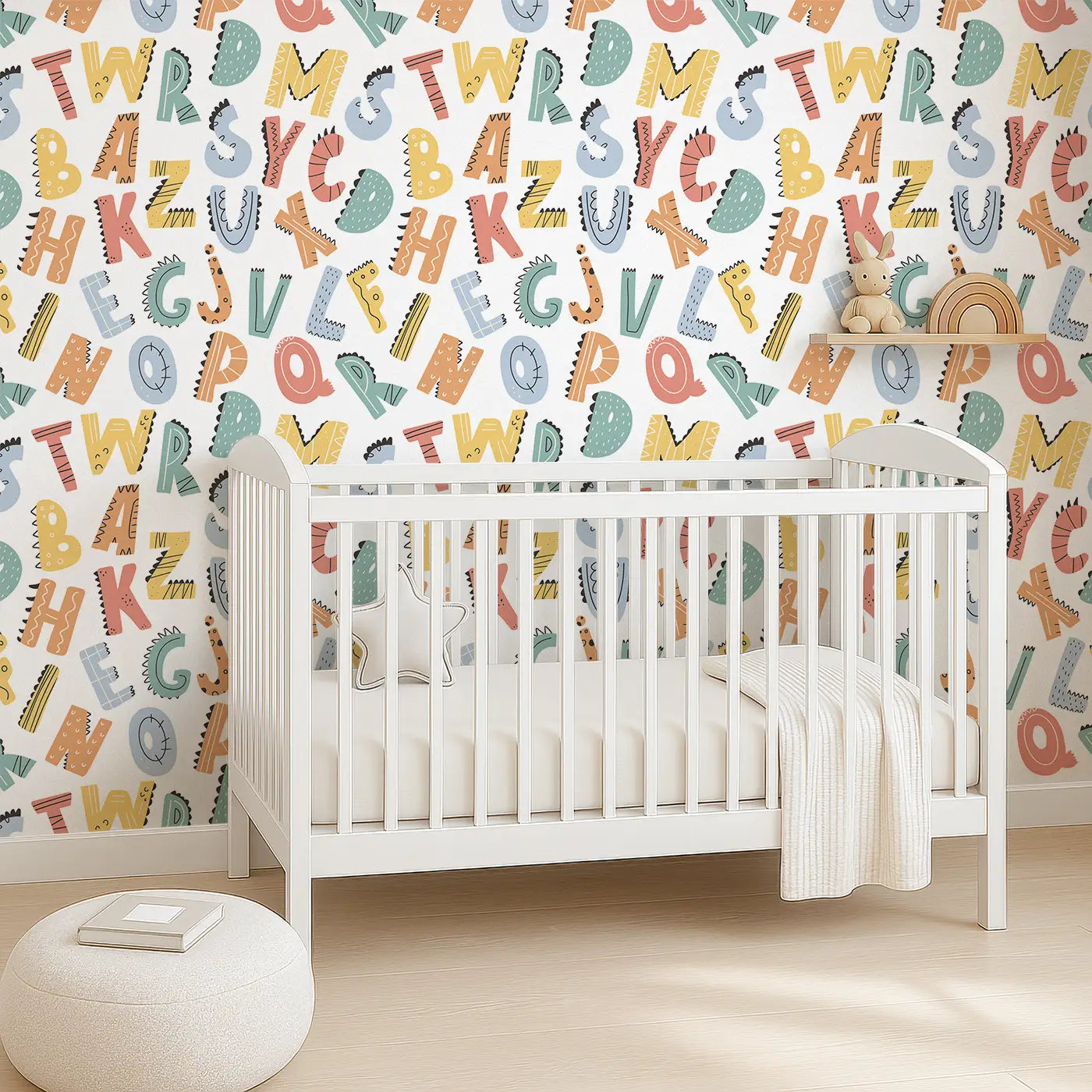Angled view of Whimsy Tots' Dino Alphabet Adventure Wallpaper (W0557).Alphabet letters come to life with dino-sized personality and prehistoric charm.