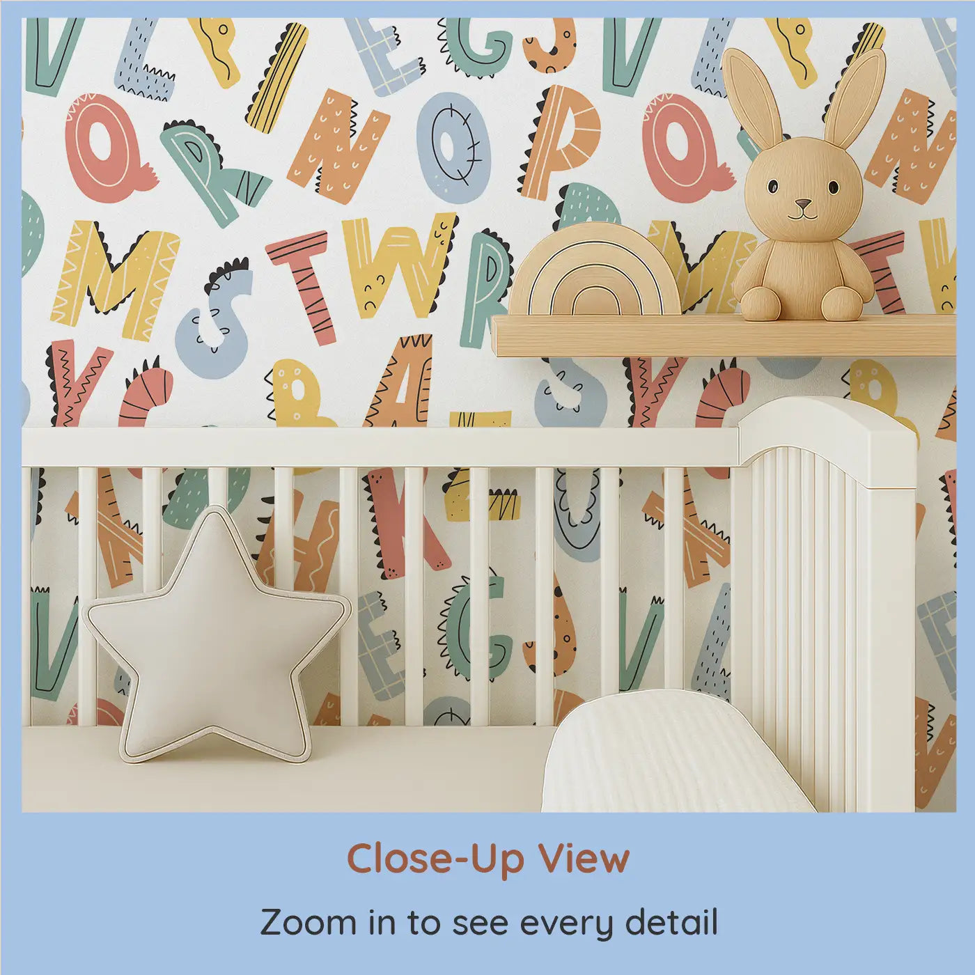 Close-up view of Whimsy Tots' Dino Alphabet Adventure Wallpaper (W0557).Alphabet letters come to life with dino-sized personality and prehistoric charm.