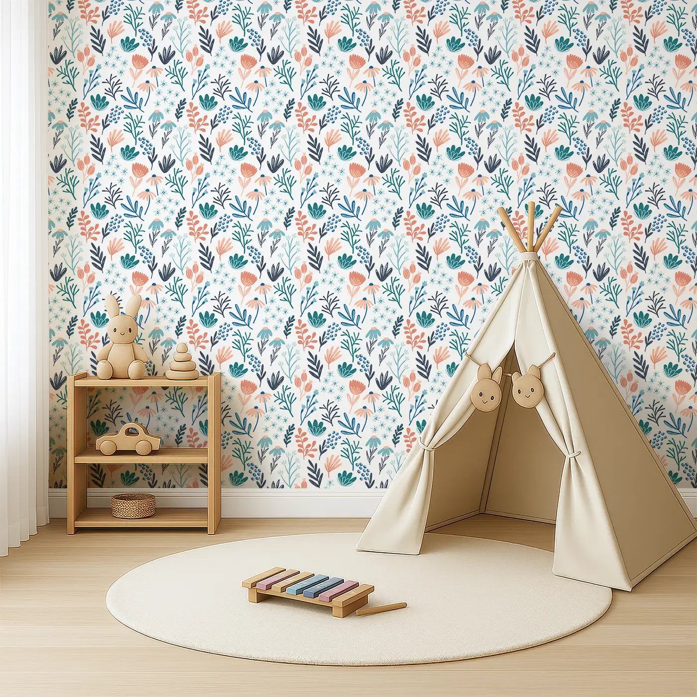 Angled view of Whimsy Tots' Whimsical Garden Bliss Wallpaper (W0559).Blush petals and teal leaves bloom in a cheerful garden rhythm.