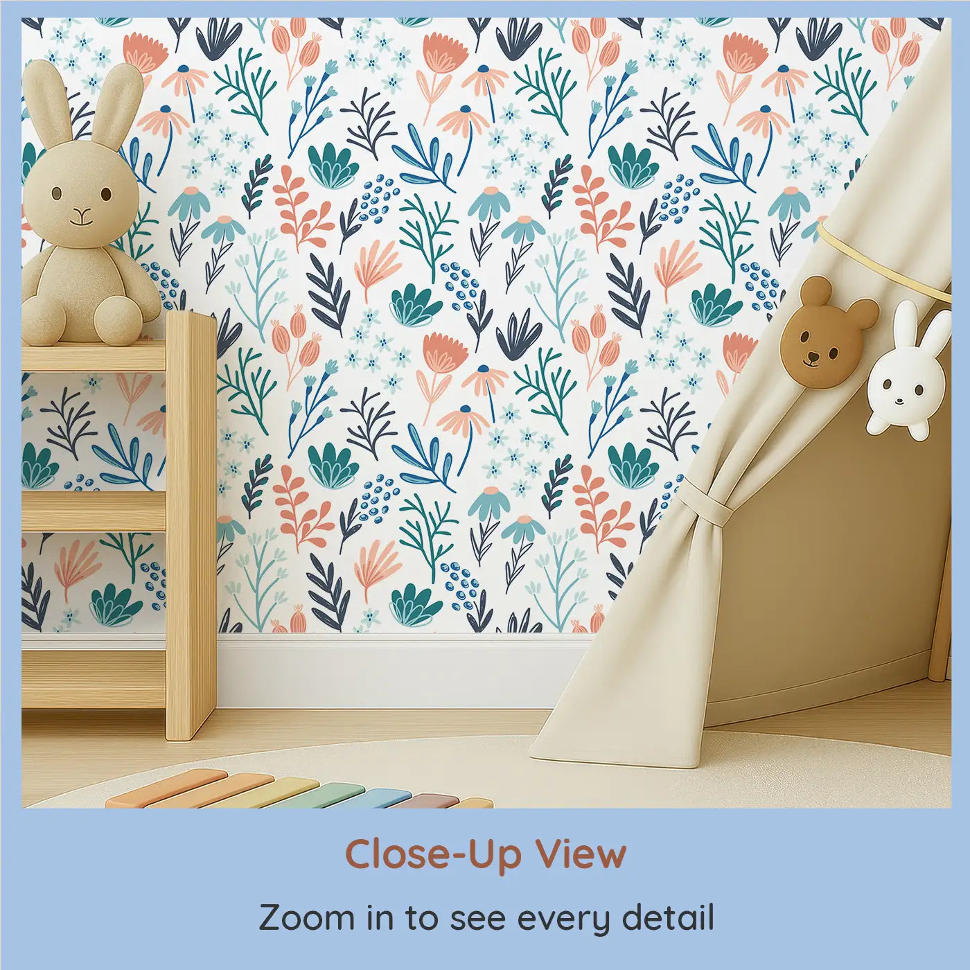 Close-up view of Whimsy Tots' Whimsical Garden Bliss Wallpaper (W0559).Blush petals and teal leaves bloom in a cheerful garden rhythm.