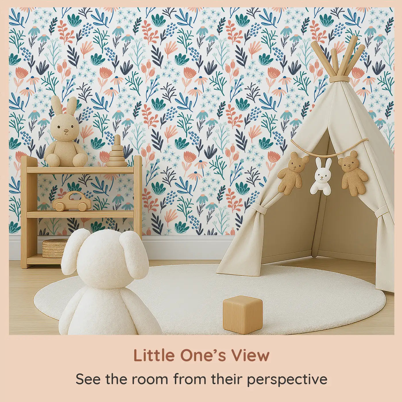 Whimsy Tots Whimsical Garden Bliss Wallpaper (W0559) from your child's view.Blush petals and teal leaves bloom in a cheerful garden rhythm.