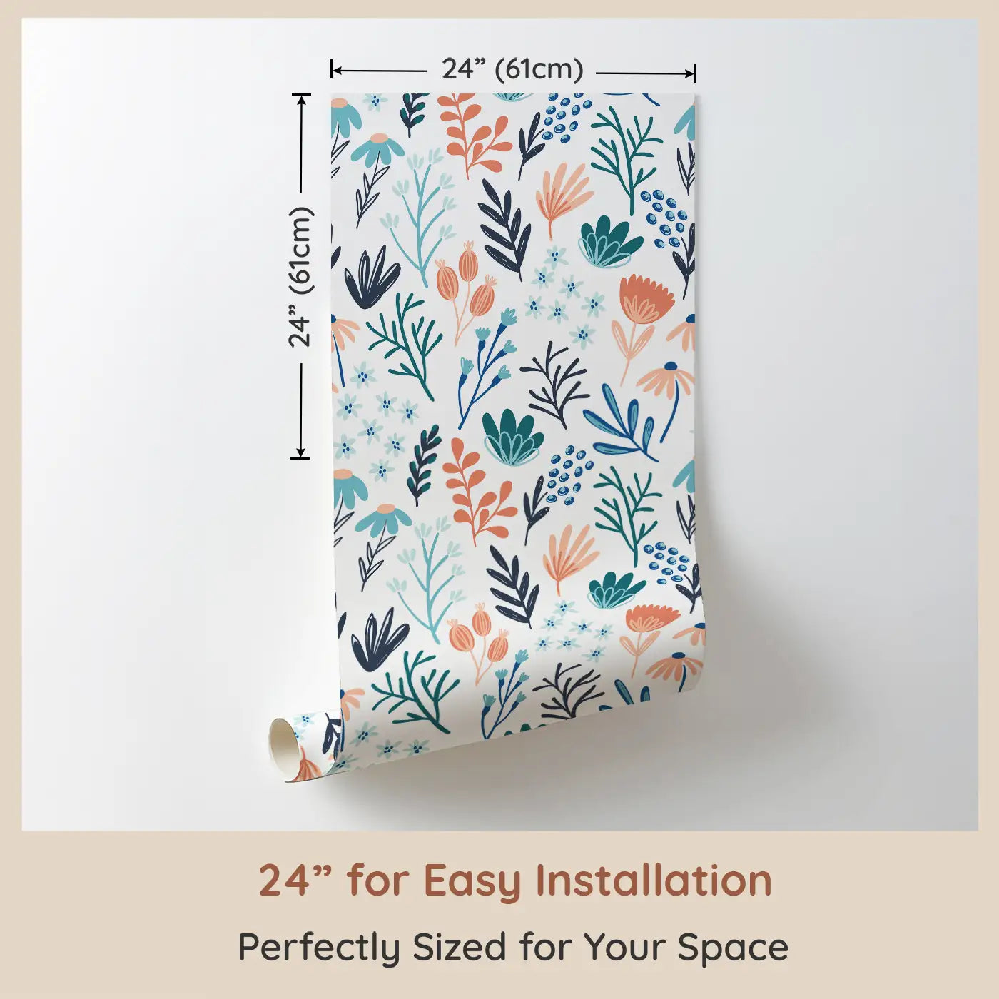 Dimension view of Whimsy Tots Whimsical Garden Bliss Wallpaper (W0559). Printed in 24-inch-wide panel for easy installation. Blush petals and teal leaves bloom in a cheerful garden rhythm.