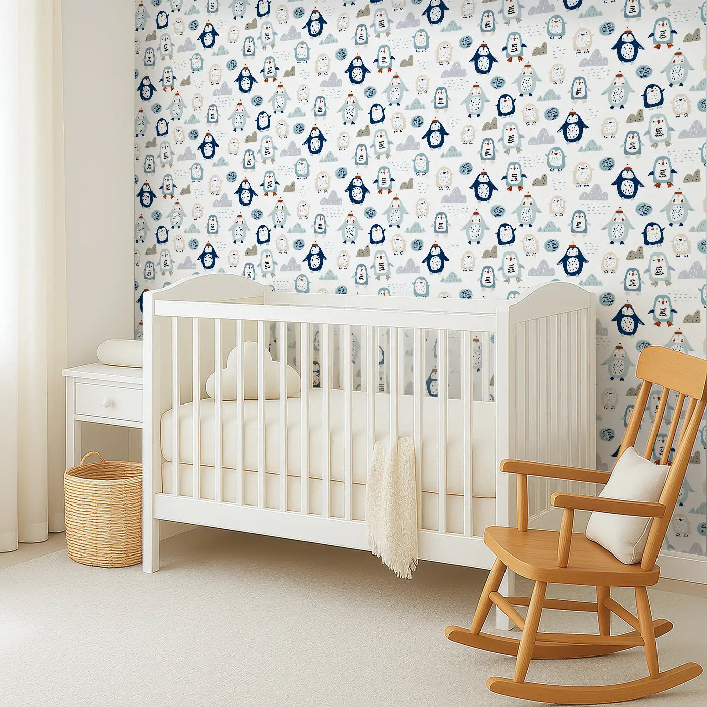 Angled view of Whimsy Tots' Chilly Penguin Parade Wallpaper (W0563).Adorable penguins and snowy shapes gather in a playful polar scene.
