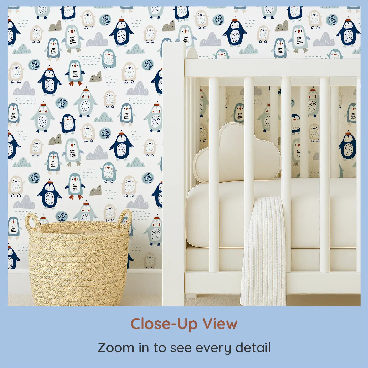 Close-up view of Whimsy Tots' Chilly Penguin Parade Wallpaper (W0563).Adorable penguins and snowy shapes gather in a playful polar scene.