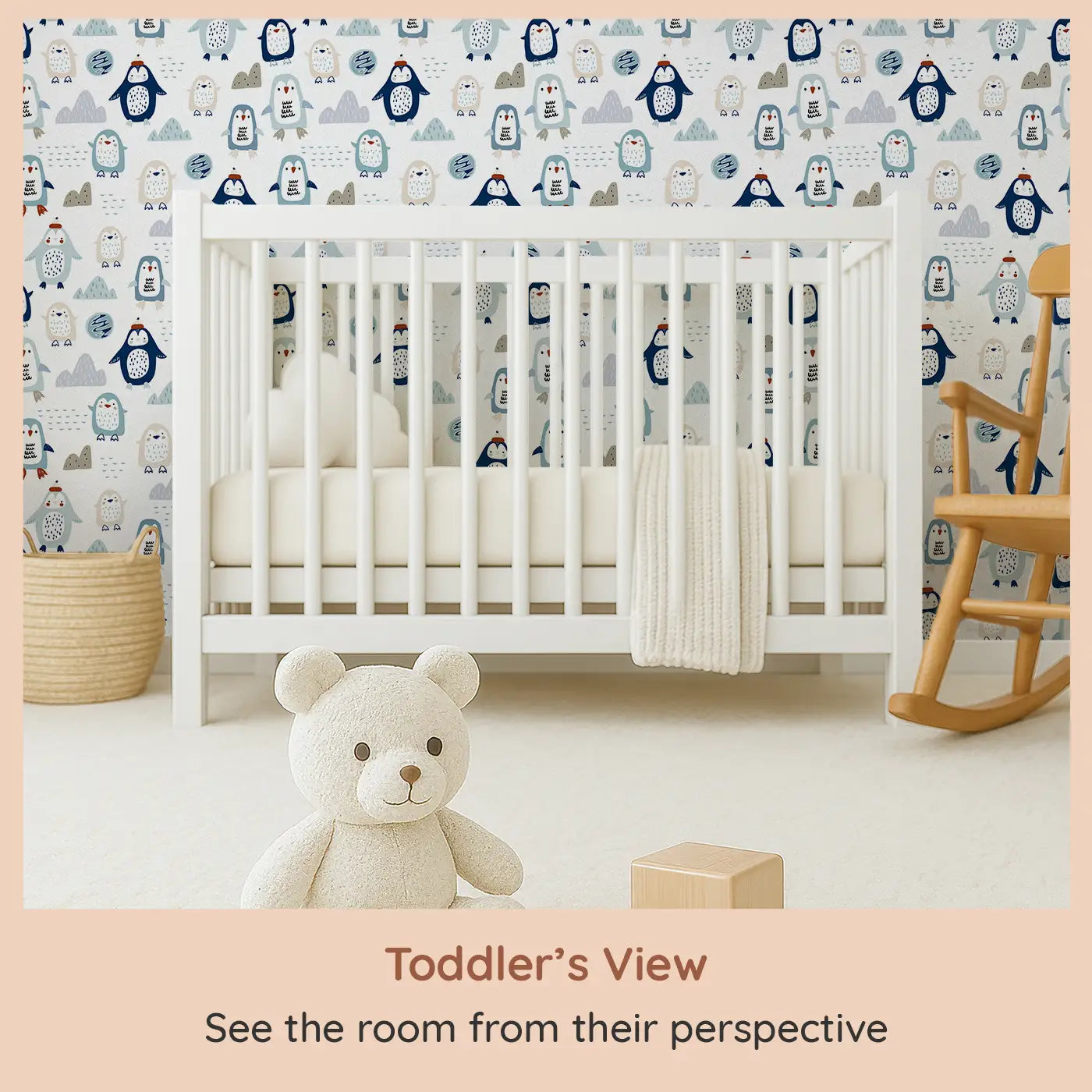 Whimsy Tots Chilly Penguin Parade Wallpaper (W0563) from your child's view.Adorable penguins and snowy shapes gather in a playful polar scene.