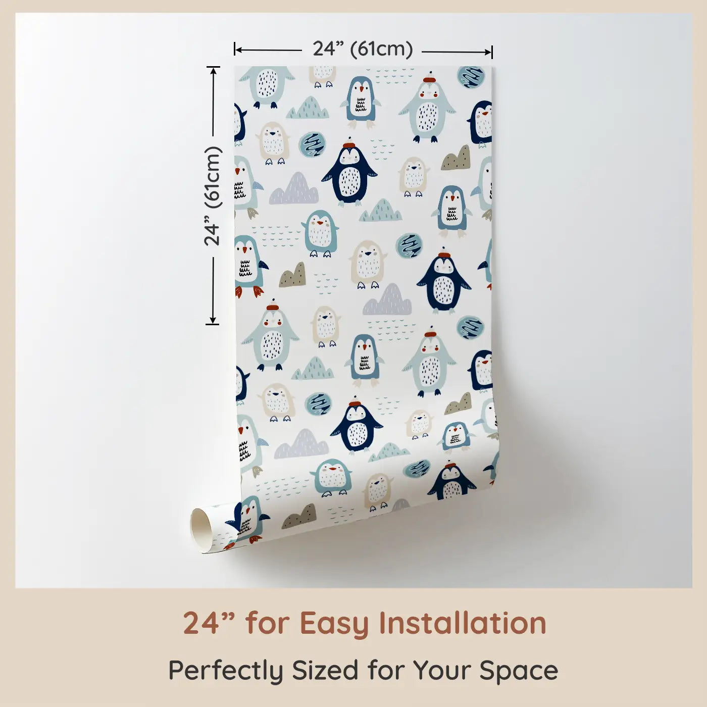 Dimension view of Whimsy Tots Chilly Penguin Parade Wallpaper (W0563). Printed in 24-inch-wide panel for easy installation. Adorable penguins and snowy shapes gather in a playful polar scene.