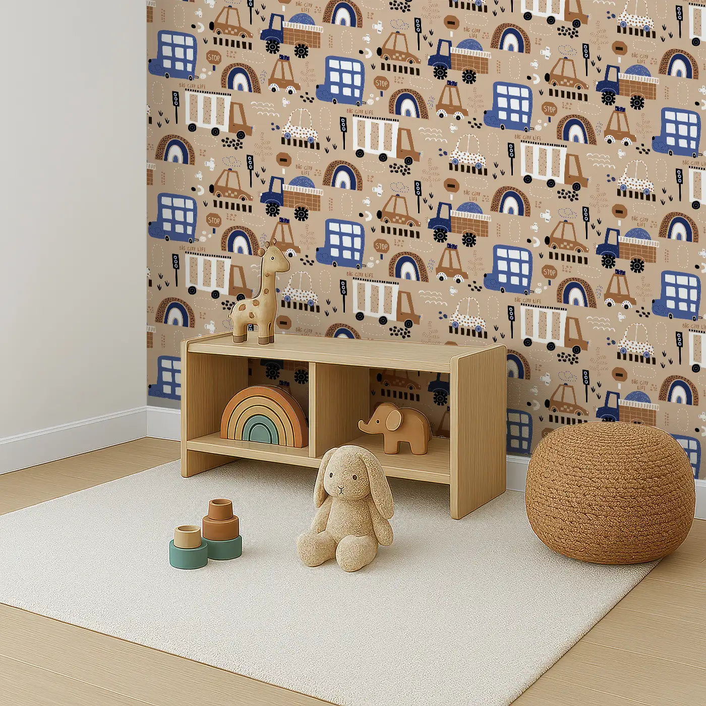 Angled view of Whimsy Tots' Big City Wheels Wallpaper (W0564).Cute construction vehicles drive through a cozy urban dream.