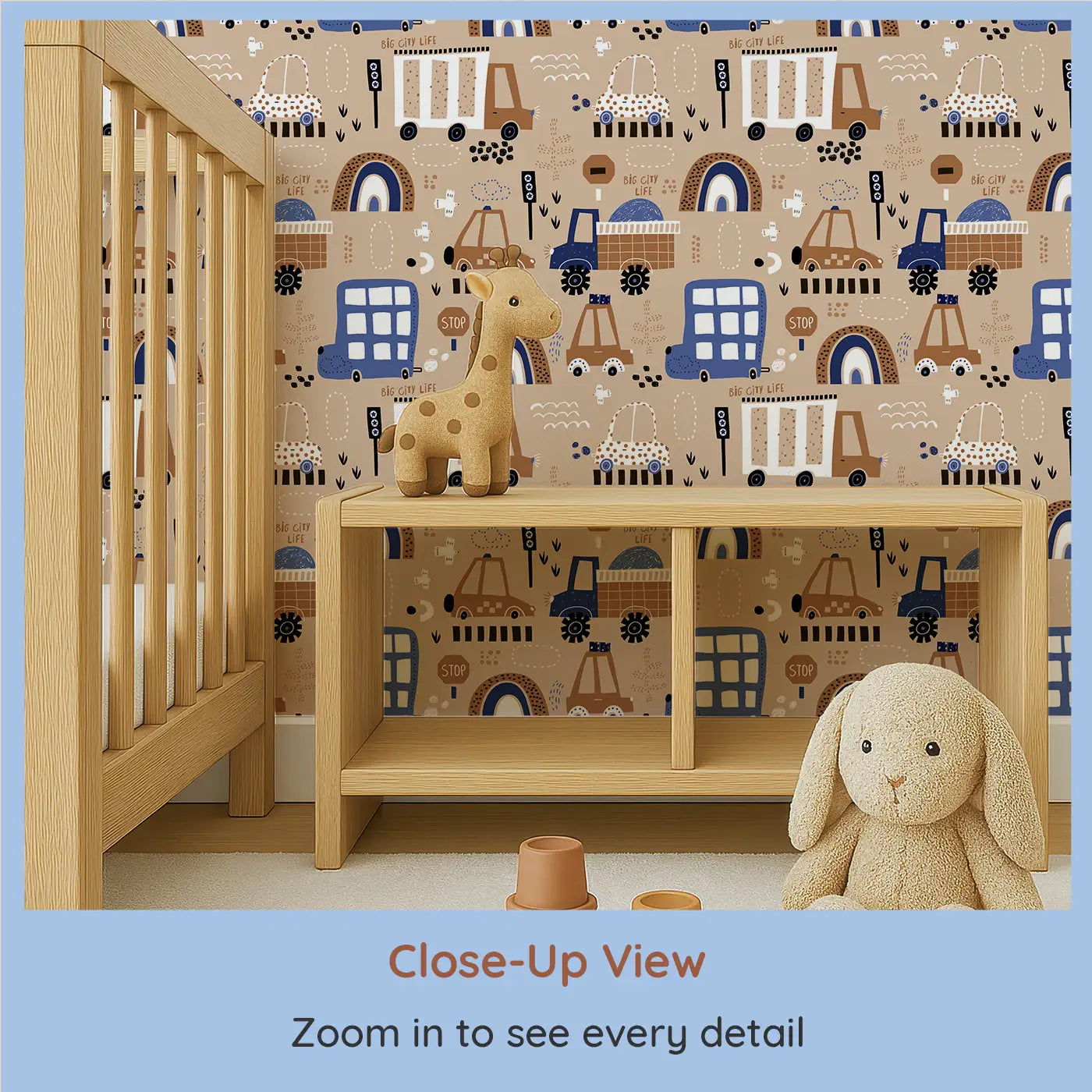 Close-up view of Whimsy Tots' Big City Wheels Wallpaper (W0564).Cute construction vehicles drive through a cozy urban dream.
