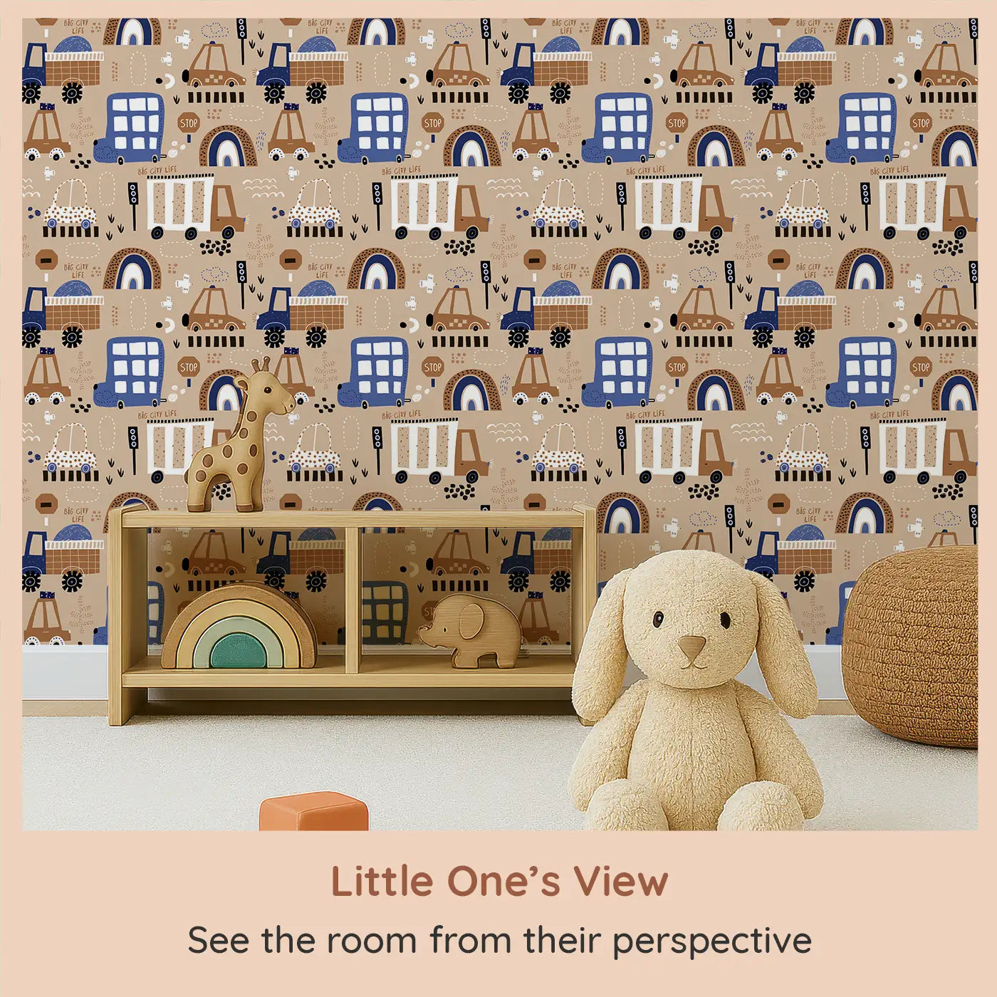Whimsy Tots Big City Wheels Wallpaper (W0564) from your child's view.Cute construction vehicles drive through a cozy urban dream.