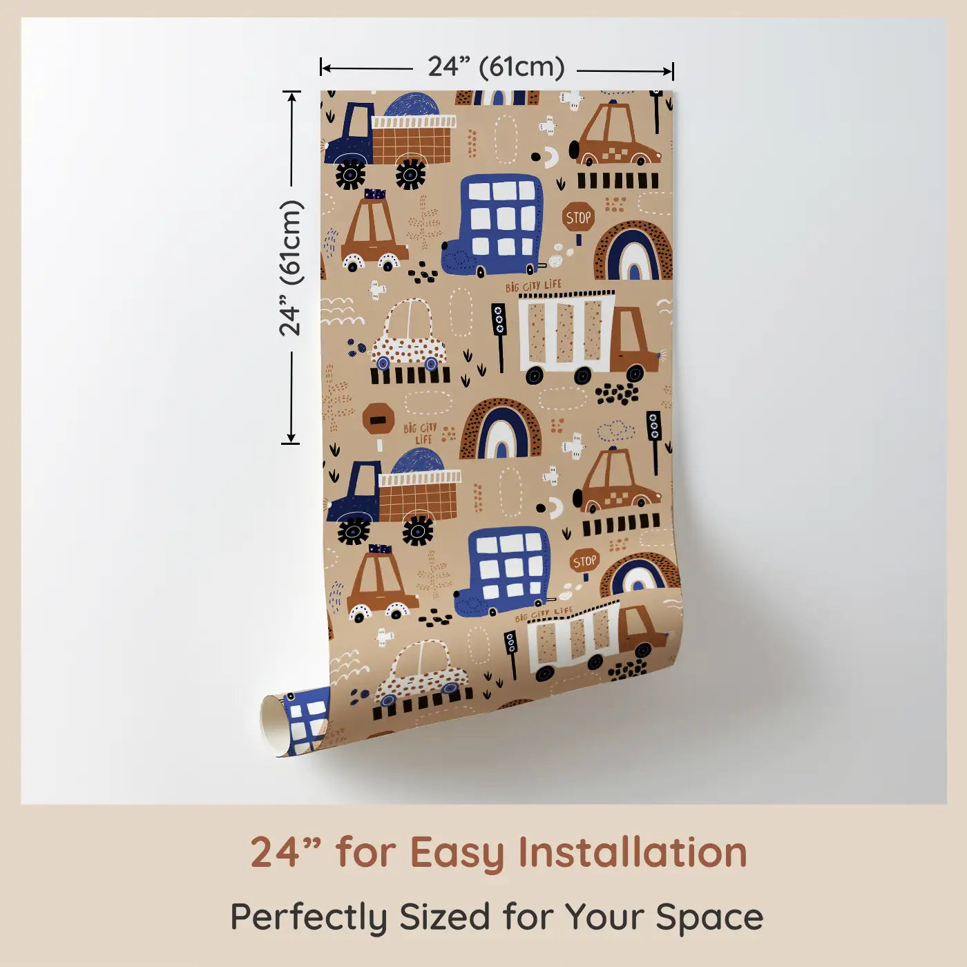 Dimension view of Whimsy Tots Big City Wheels Wallpaper (W0564). Printed in 24-inch-wide panel for easy installation. Cute construction vehicles drive through a cozy urban dream.
