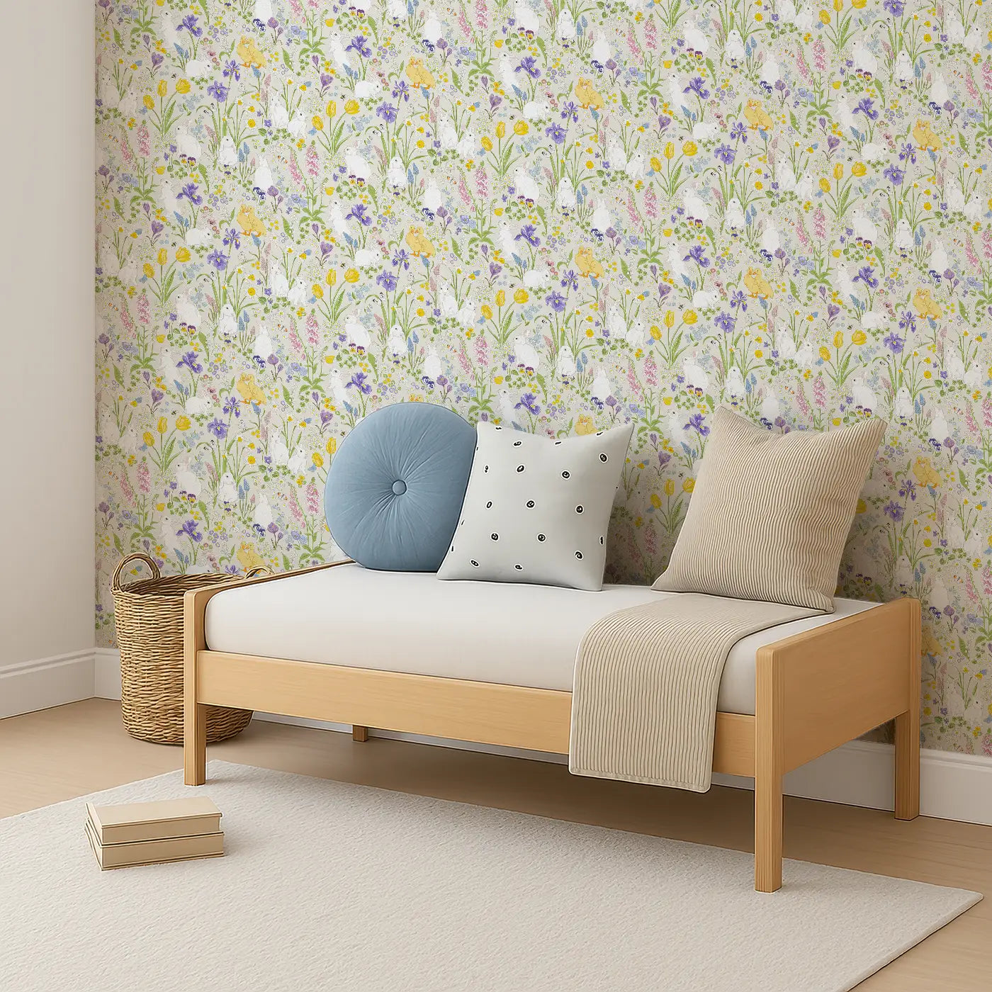 Angled view of Whimsy Tots' Springtime Meadow Wallpaper (W0566).Delicate flowers and springtime bunnies fill this joyful botanical haven.