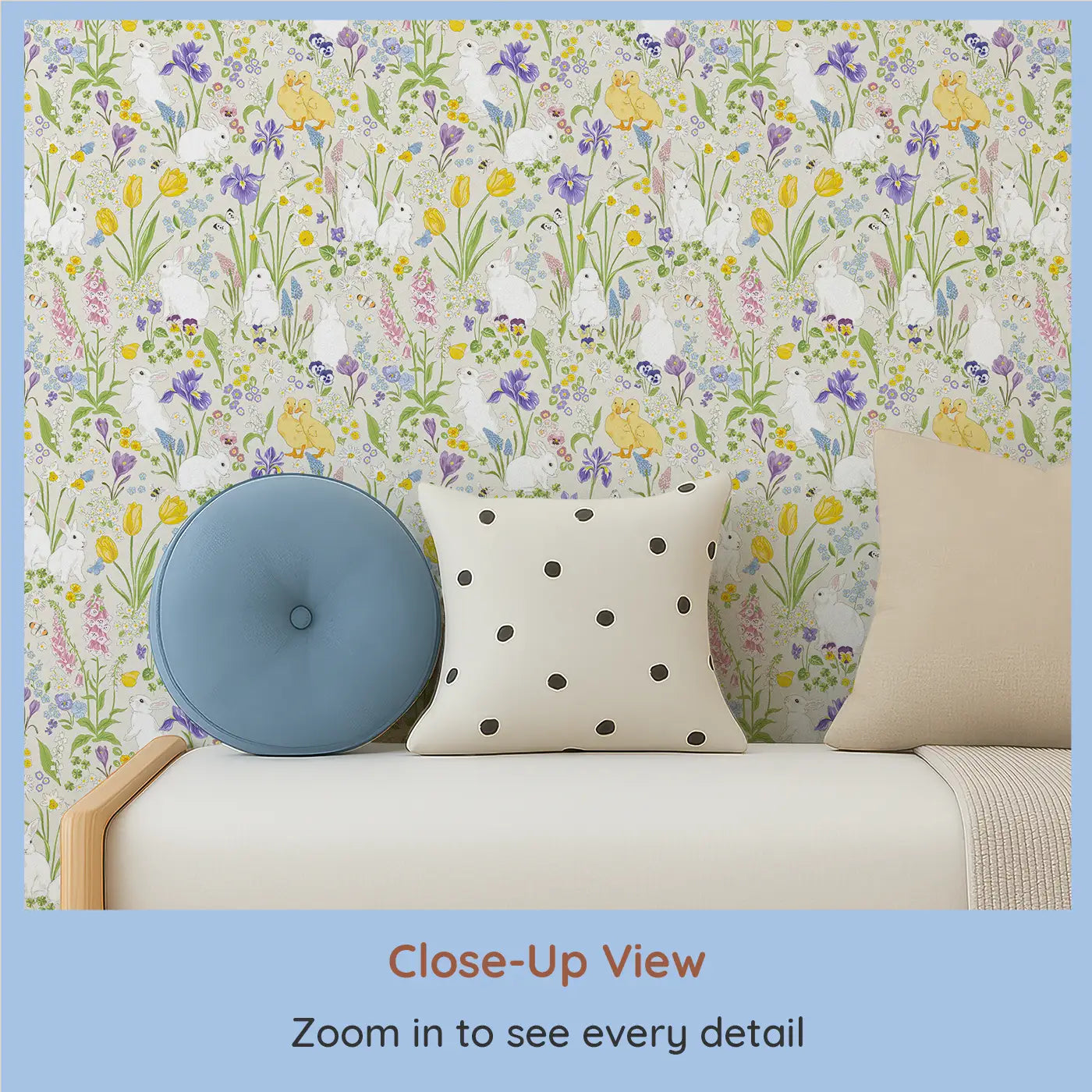 Close-up view of Whimsy Tots' Springtime Meadow Wallpaper (W0566).Delicate flowers and springtime bunnies fill this joyful botanical haven.
