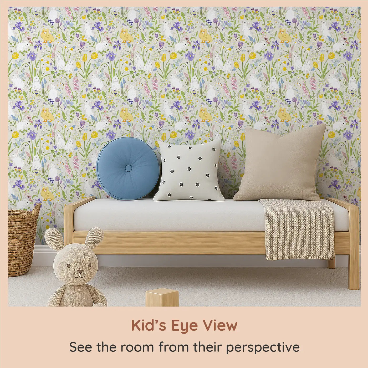 Whimsy Tots Springtime Meadow Wallpaper (W0566) from your child's view.Delicate flowers and springtime bunnies fill this joyful botanical haven.