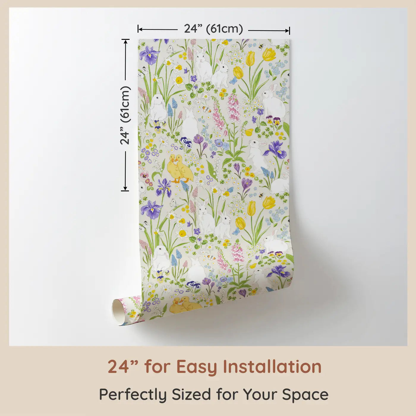 Dimension view of Whimsy Tots Springtime Meadow Wallpaper (W0566). Printed in 24-inch-wide panel for easy installation. Delicate flowers and springtime bunnies fill this joyful botanical haven.