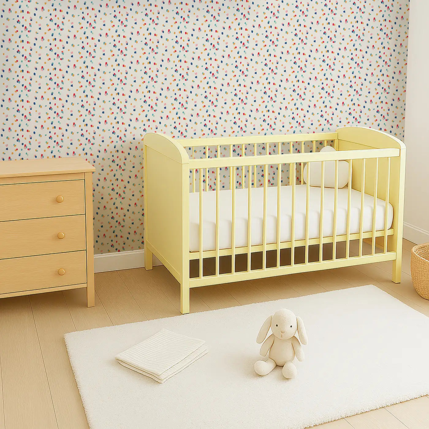 Angled view of Whimsy Tots' Color Splash Wallpaper (W0567).Tiny colorful paint drops sprinkle joy across a creamy canvas.