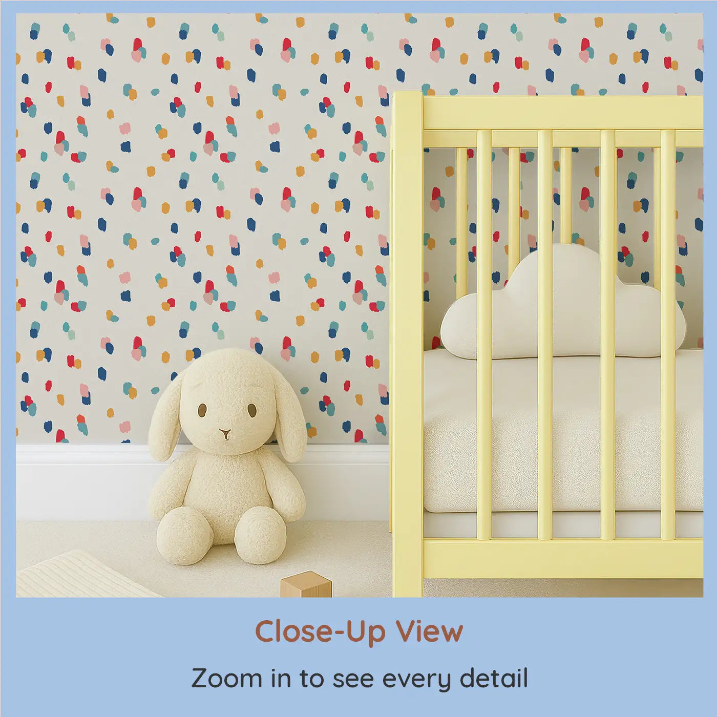Close-up view of Whimsy Tots' Color Splash Wallpaper (W0567).Tiny colorful paint drops sprinkle joy across a creamy canvas.