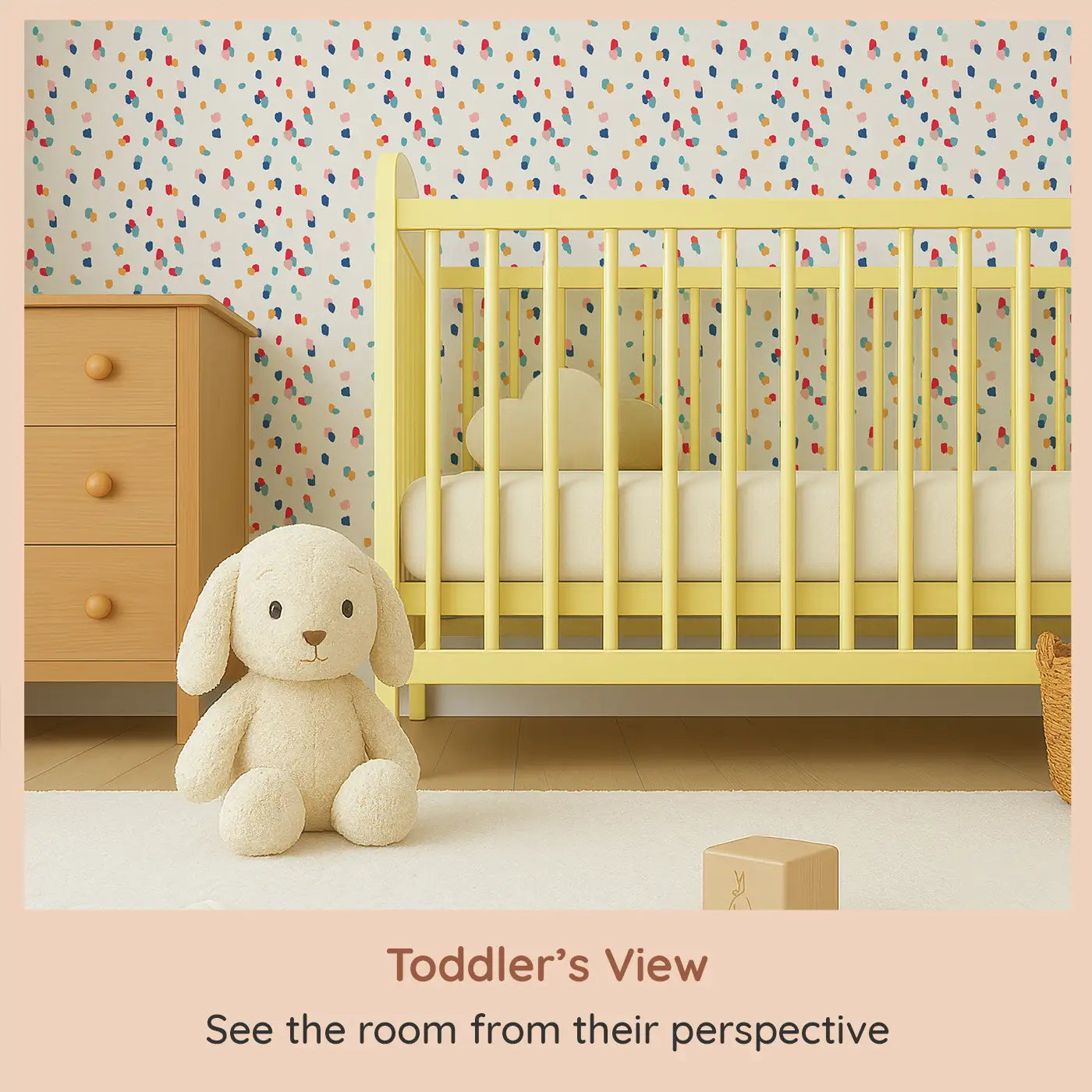 Whimsy Tots Color Splash Wallpaper (W0567) from your child's view.Tiny colorful paint drops sprinkle joy across a creamy canvas.